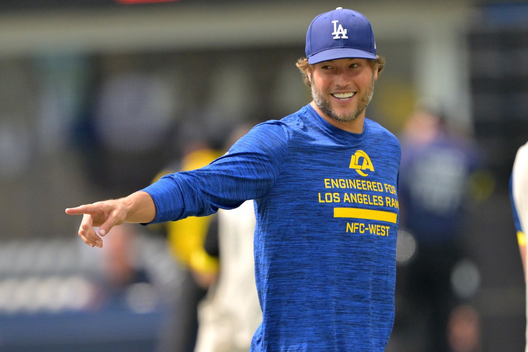 Los Angeles Rams quarterback Matthew Stafford (9) walks on the field prior to the game against the Dallas Cowboys at SoFi Stadium.