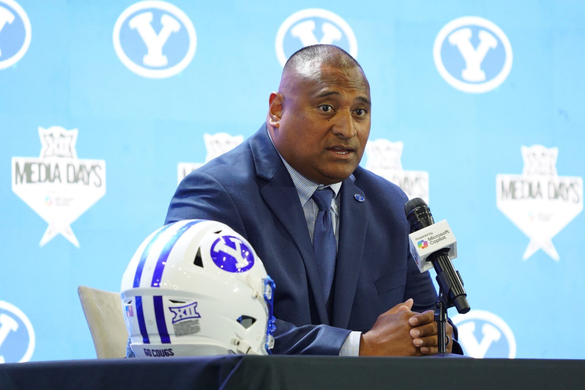 BYU head coach Kalani Sitake addresses the media during 2025 Big 12 Football Media Days at The Star.