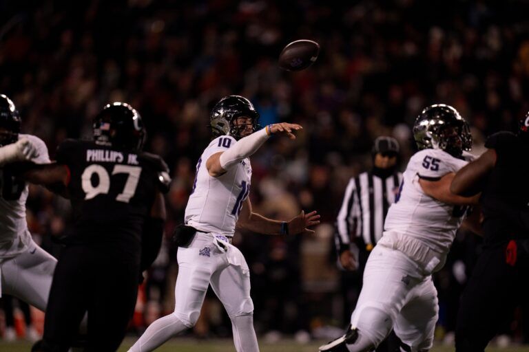 TCU Horned Frogs quarterback Josh Hoover (10) throws a pass in the second quarter of the NCAA football game between Cincinnati Bearcats and TCU Horned Frogs at Nippert Stadium in Cincinnati on Saturday, Nov. 30, 2024.