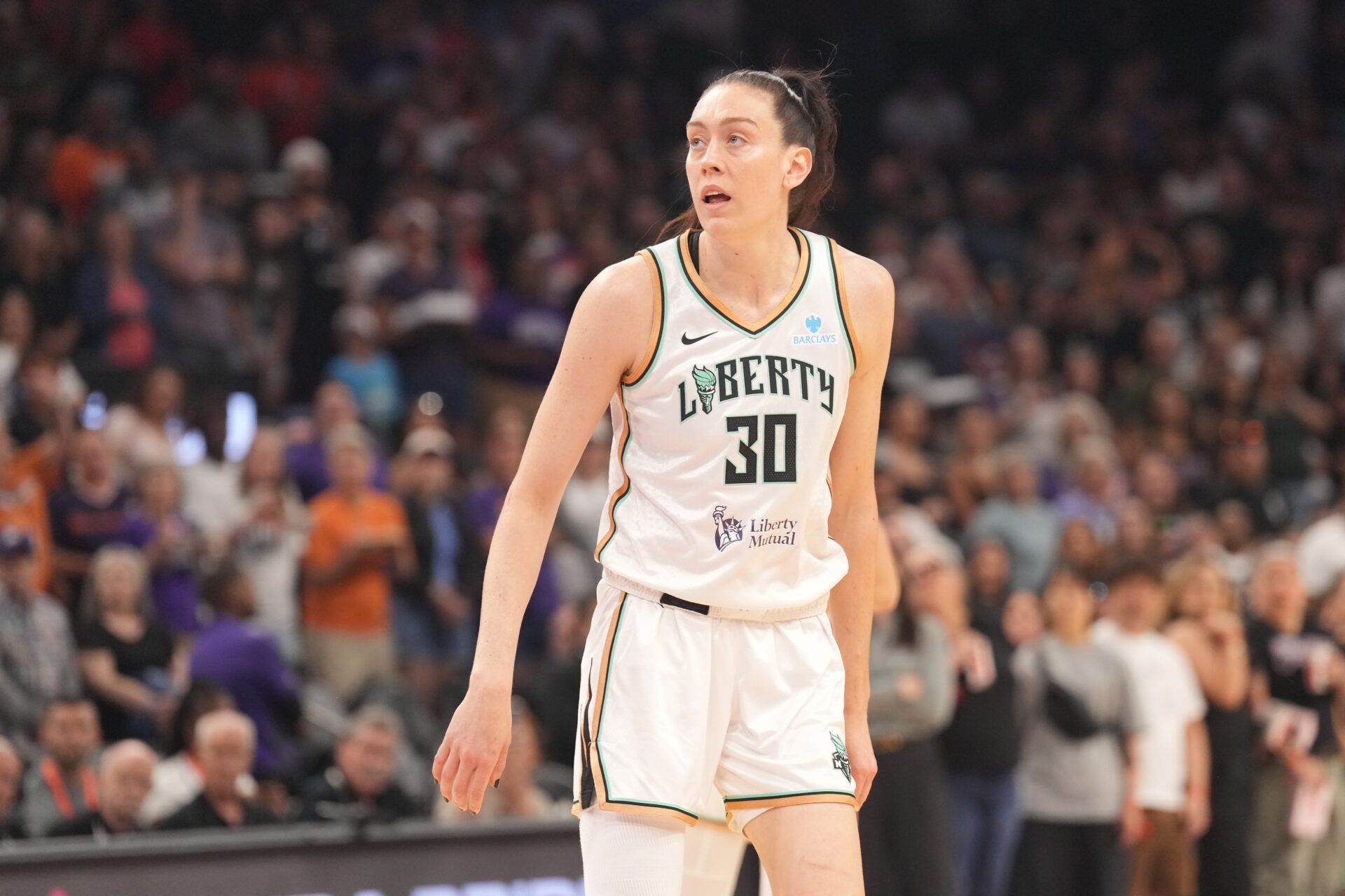 New York Liberty forward Breanna Stewart (30) looks on against the Phoenix Mercury during the first half at Footprint Center.