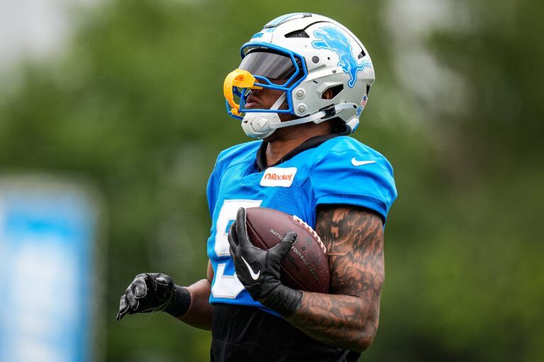 Detroit Lions running back David Montgomery (5) practicesduring training camp at Meijer Performance Center in Allen Park on Thursday, August 21, 2025.