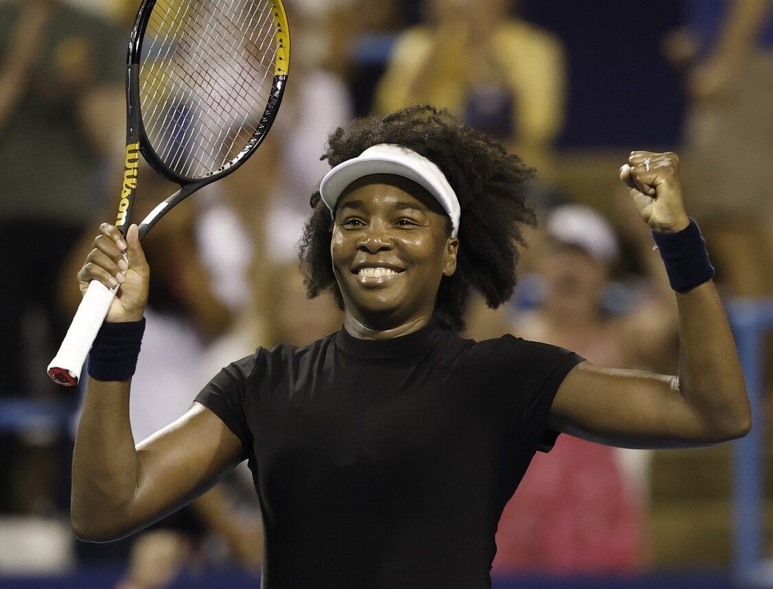 Venus Williams (USA) celebrates after match point against Peyton Stearns (USA)(not pictured) in a women's singles match on day two of the Mubadala Citi DC Open at Rock Creek Park Tennis Center.