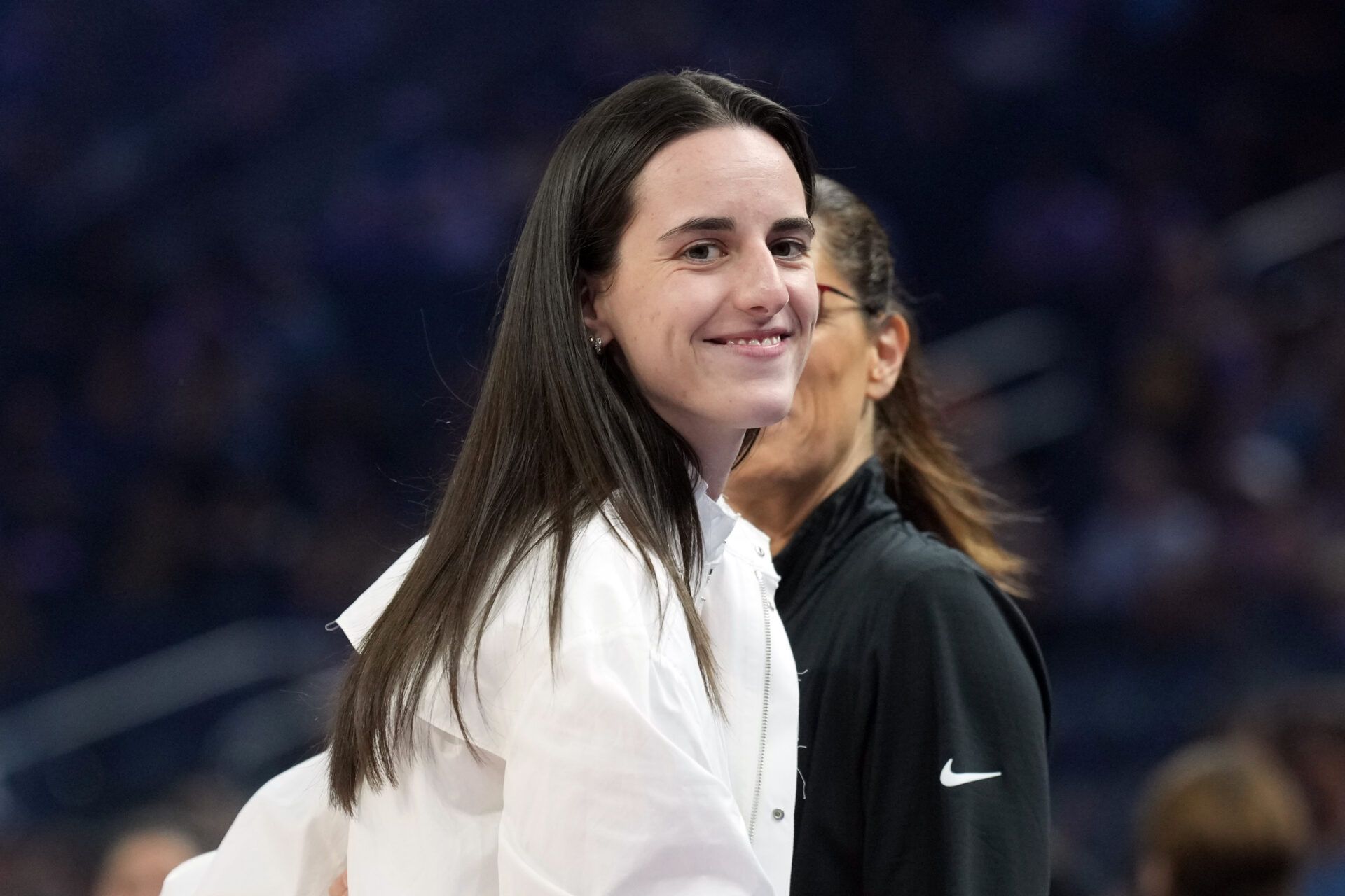 Indiana Fever guard Caitlin Clark (22) walks to the bench before the game against the Golden State Valkyries at Chase Center.