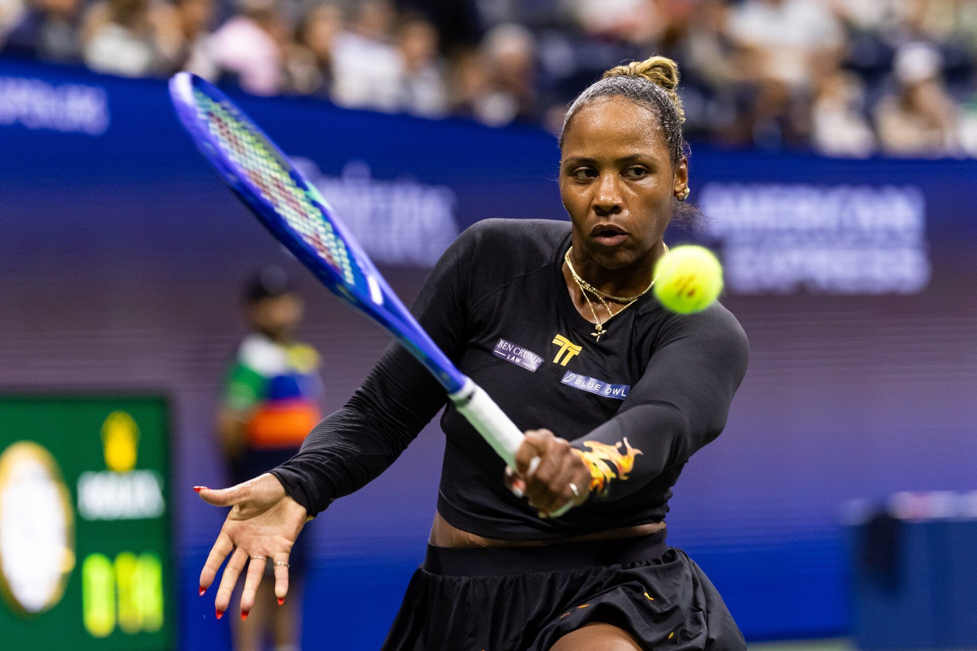Taylor Townsend of the United States in action against Mirra Andreeva of Russia in the third round of the women’s singles at the US Open at Arthur Ashe Stadium in Billie Jean King National Tennis Center.