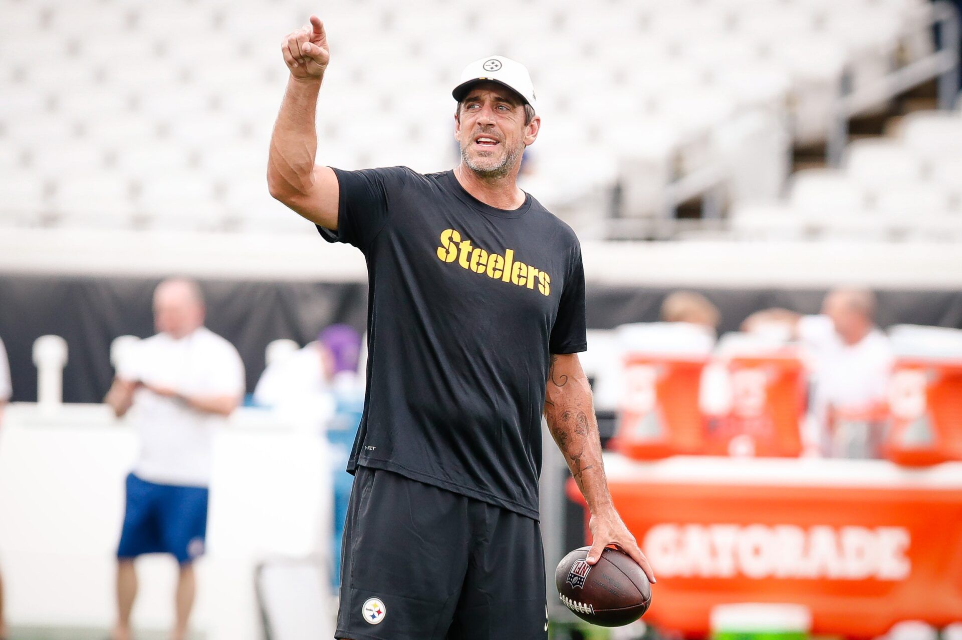 Pittsburgh Steelers quarterback Aaron Rodgers (8) during warm ups before a preseason game against the Jacksonville Jaguars at EverBank Stadium.