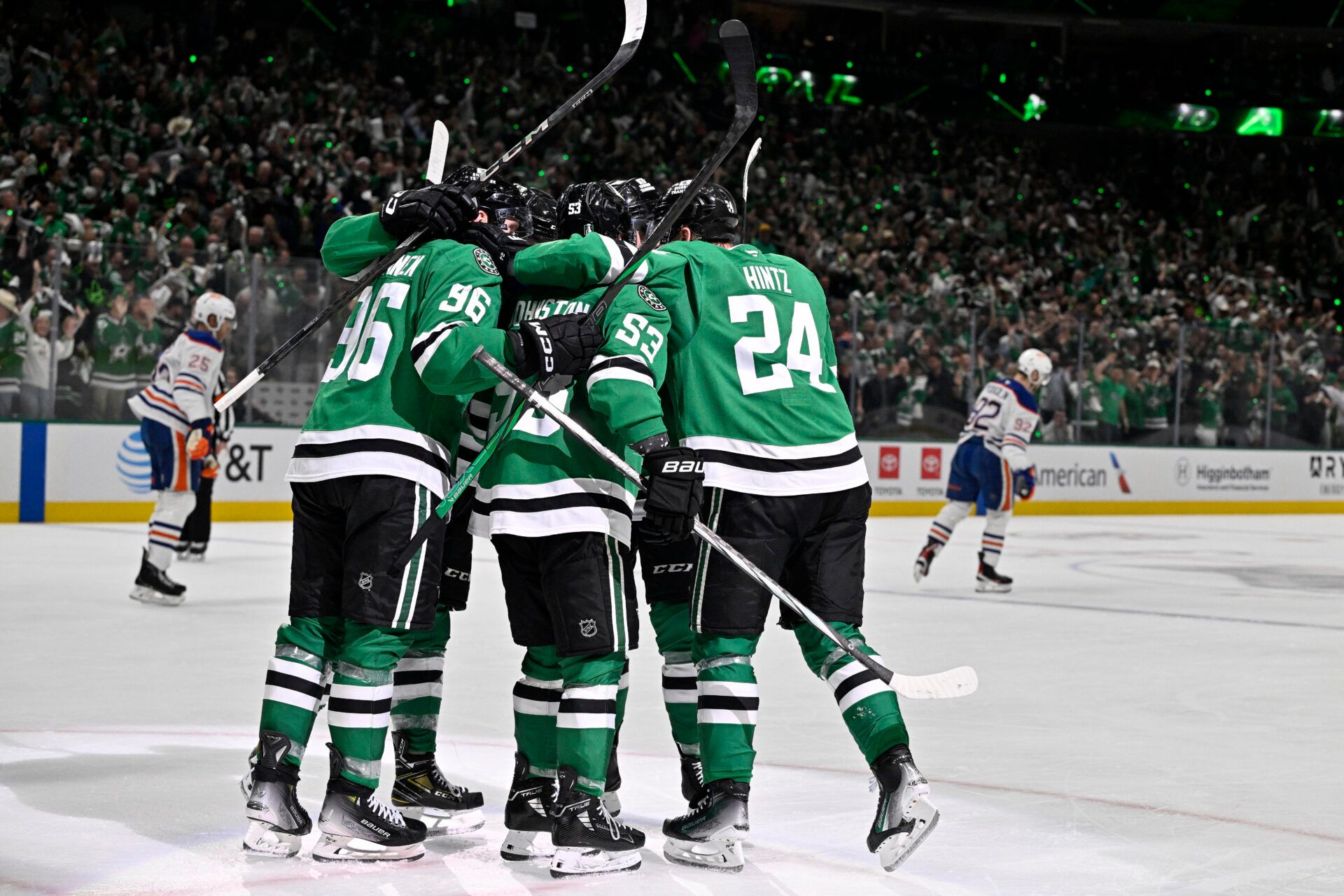 Dallas Stars left wing Jason Robertson (21) reacts with center Wyatt Johnston (53) after scoring a goal against the Edmonton Oilers during the second period in game five of the Western Conference Final of the 2025 Stanley Cup Playoffs at American Airlines Center.