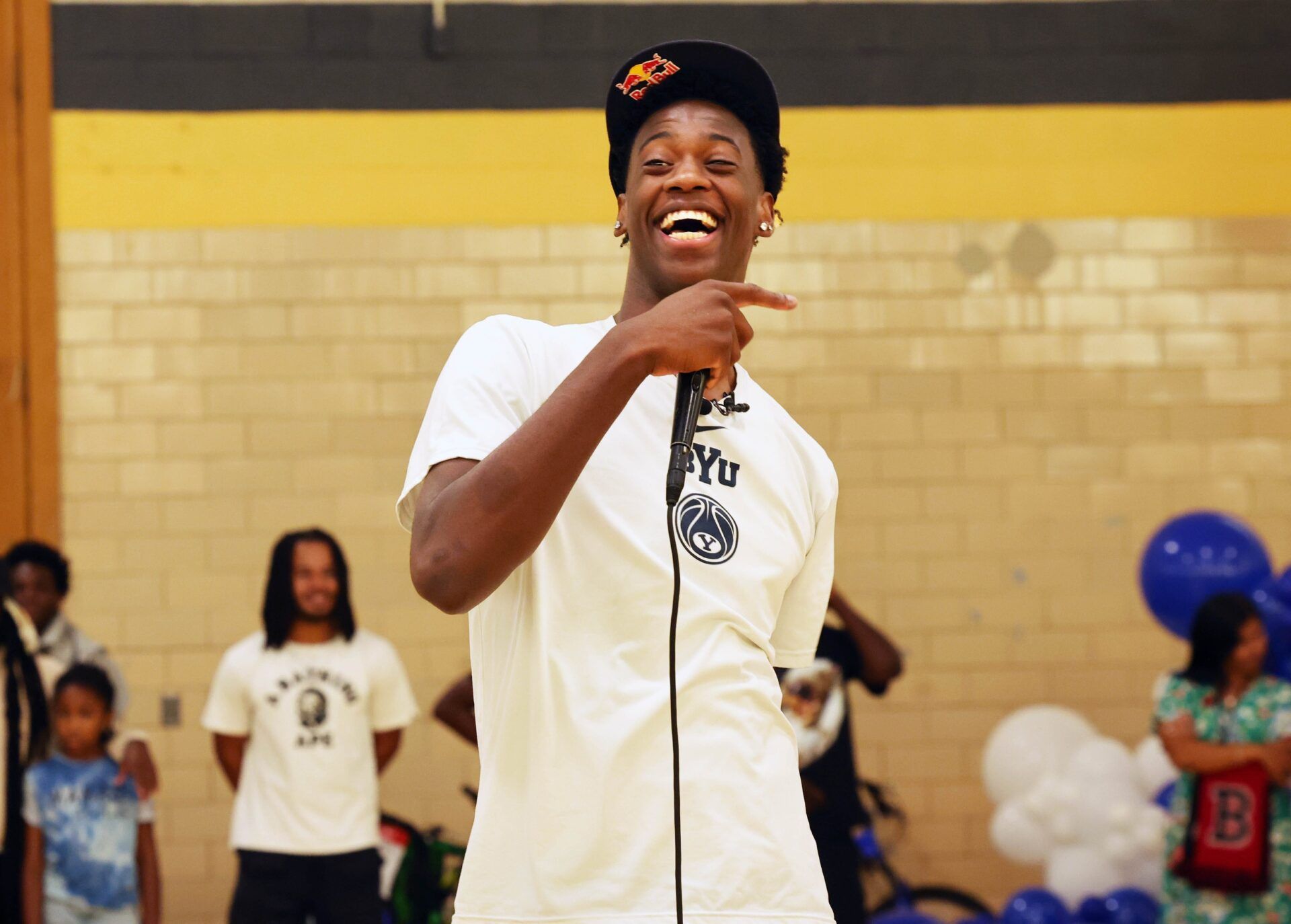 AJ Dybantsa is all smiles as the audience guesses his favorite foods, and music during his 2nd annual backpack giveaway at West Middle School in Brockton on Wednesday, Aug. 27, 2025.