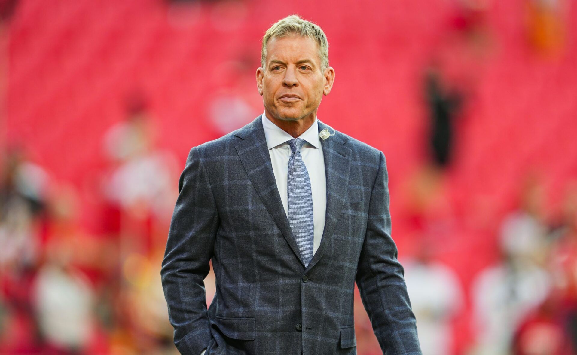 NFL hall of fame Troy Aikman prior to a game between the New Orleans Saints and the Kansas City Chiefs at GEHA Field at Arrowhead Stadium.