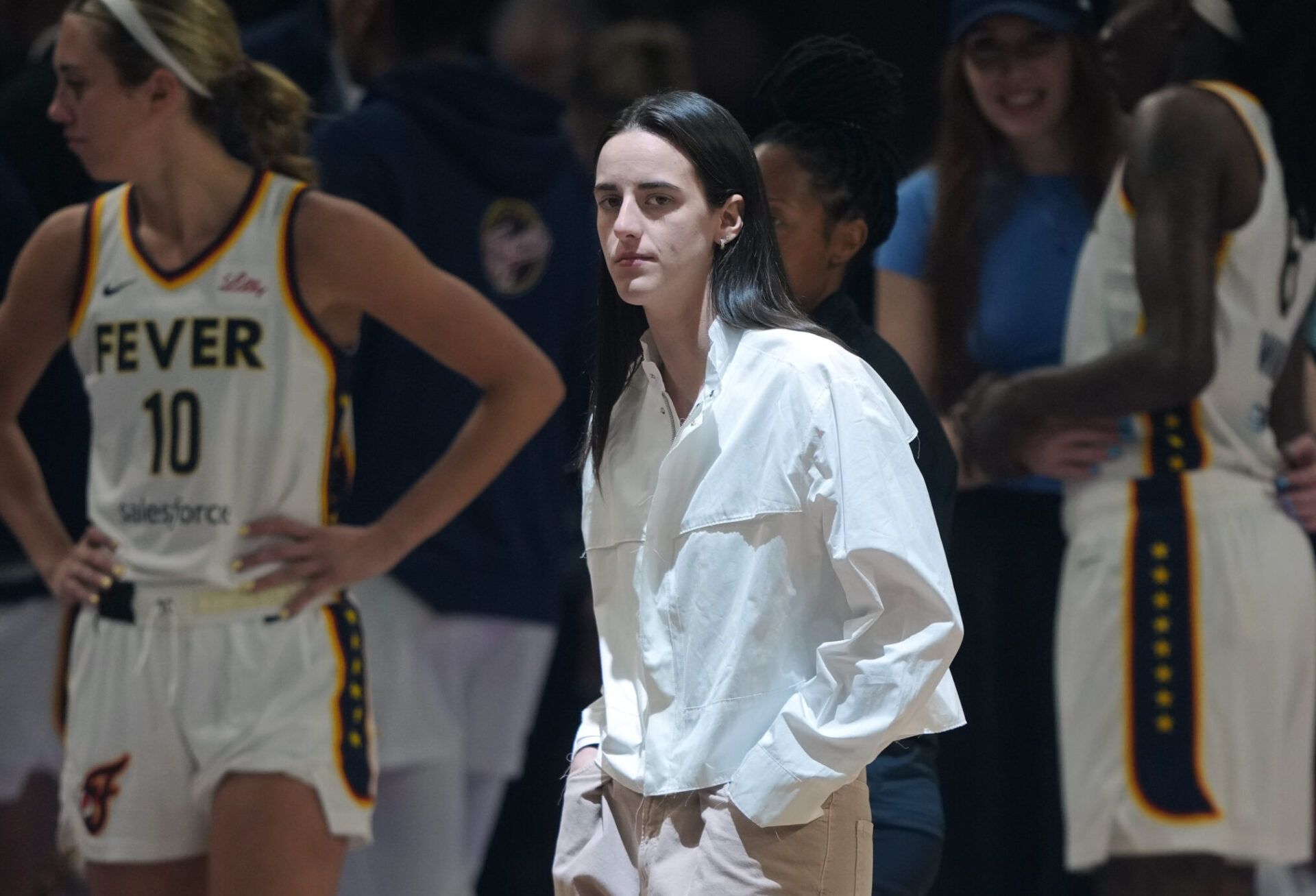 Indiana Fever guard Caitlin Clark (center) before the game against the Golden State Valkyries at Chase Center.