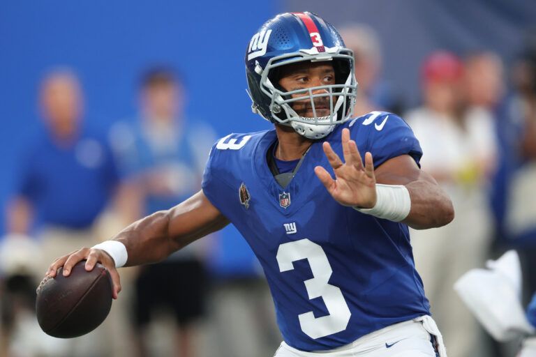 New York Giants quarterback Russell Wilson (3) drops back to pass during the first half against the New York Jets at MetLife Stadium.