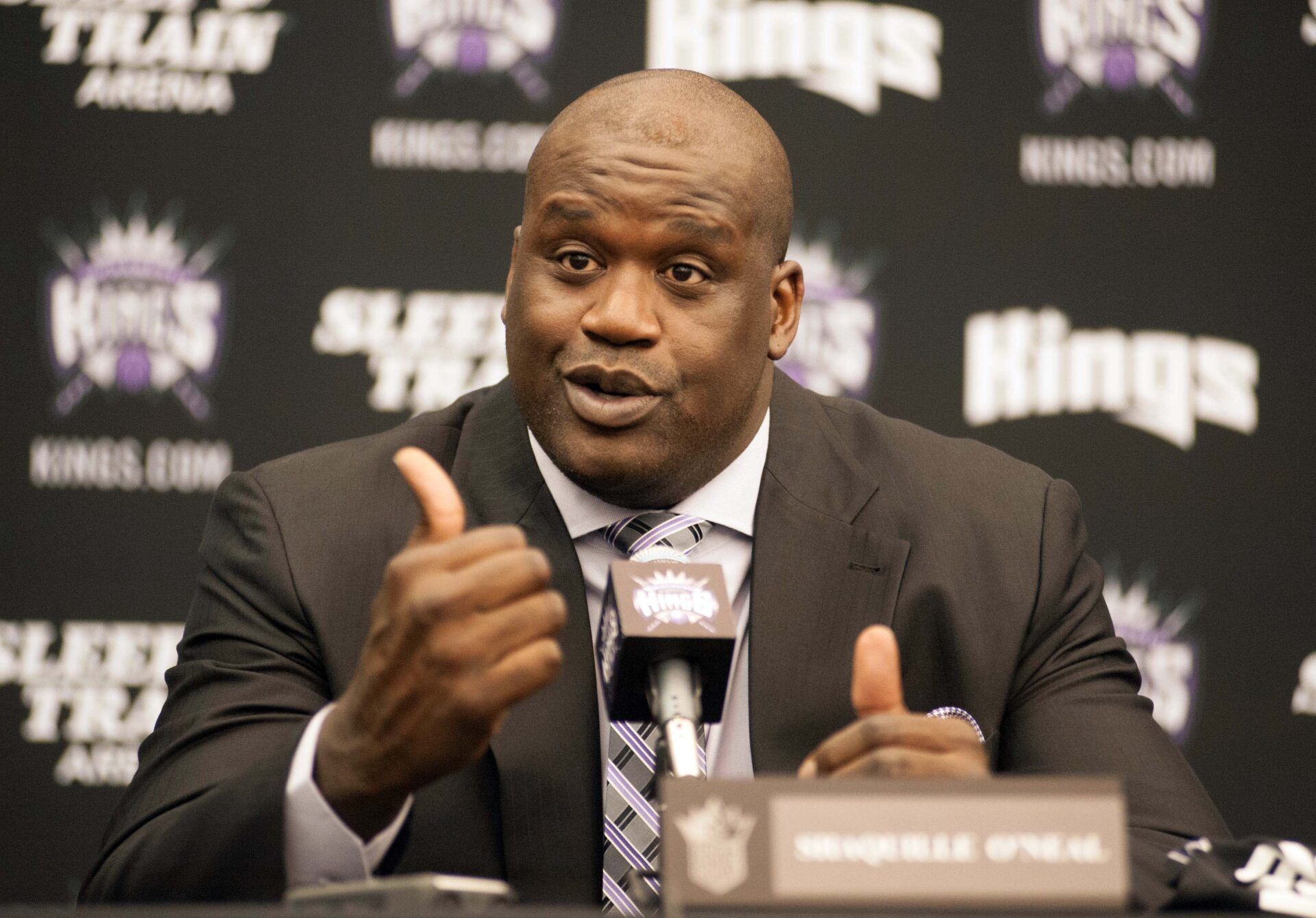 Sacramento Kings minority owner Shaquille O'Neal talks to the media during a press conference at Kings Practice Facility.