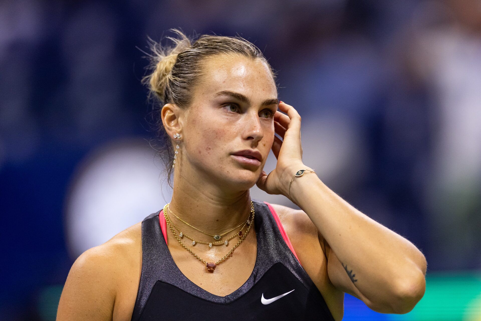 Aryna Sabalenka of Belarus in action against Polina Kudermetova of Russia in the second round of the women’s singles at the US Open at Arthur Ashe Stadium in Billie Jean King National Tennis Center.