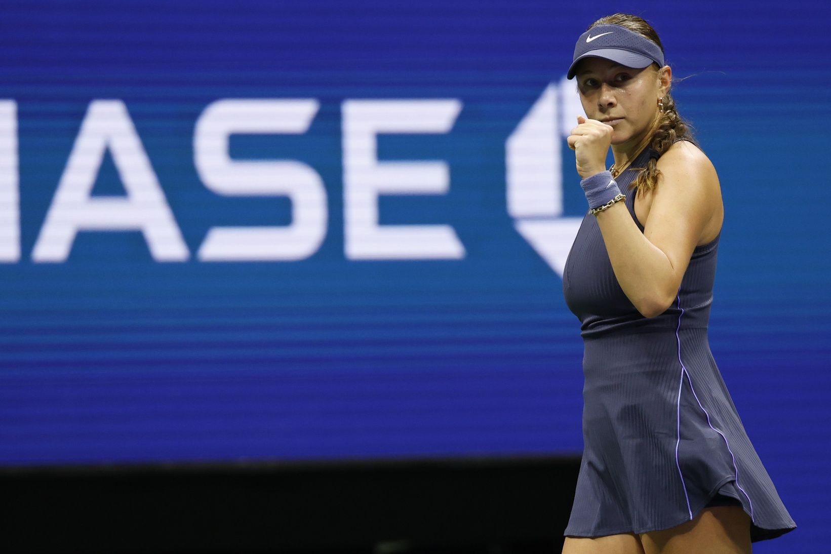 Amanda Anisimova (USA) reacts after winning a point against Beatriz Haddad Maia (BRA) (not pictured) on day nine of the 2025 US Open tennis championships at Billie Jean King National Tennis Center.