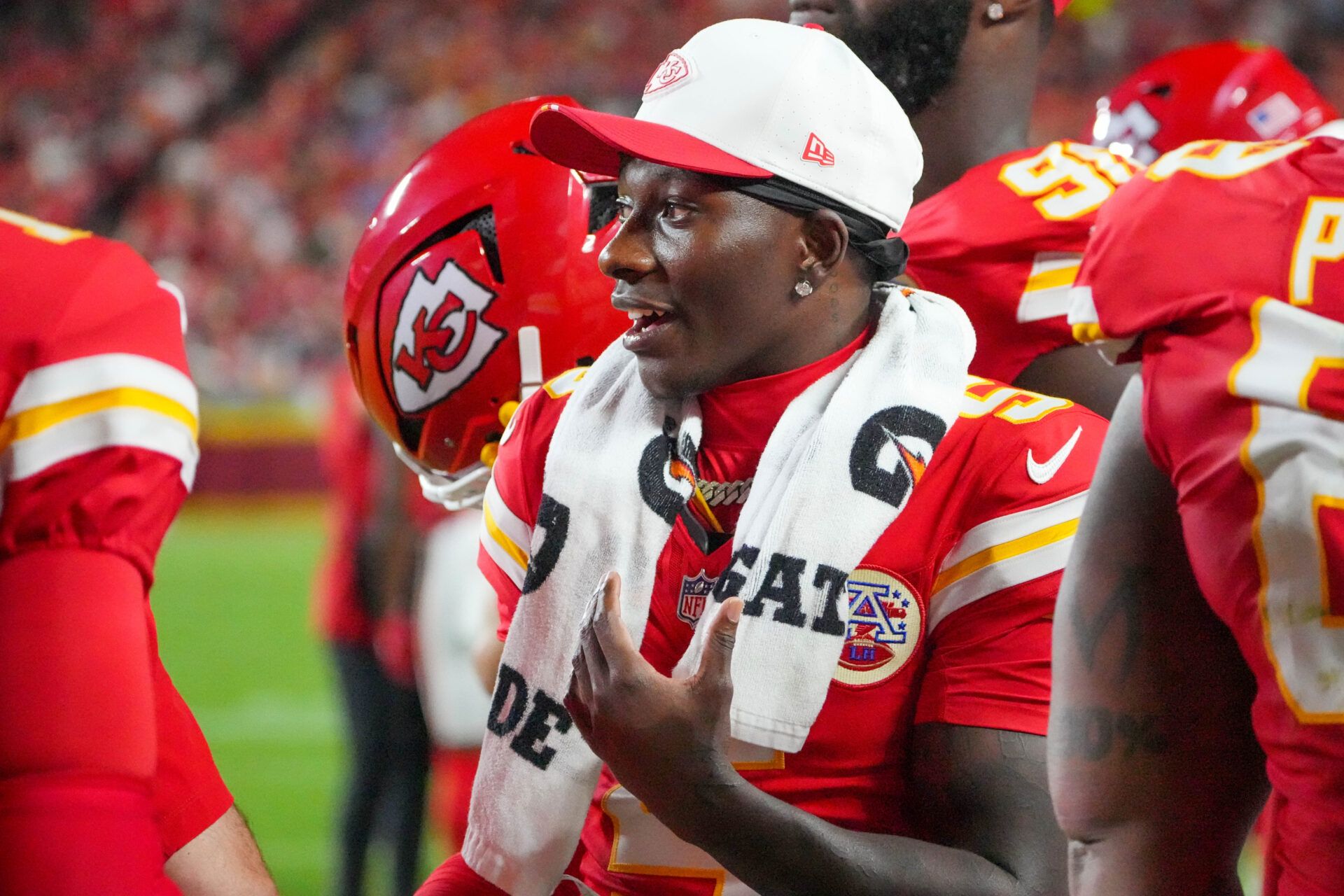 Kansas City Chiefs wide receiver Hollywood Brown (5) on the sidelines against the Chicago Bears during the first half of the game at GEHA Field at Arrowhead Stadium.