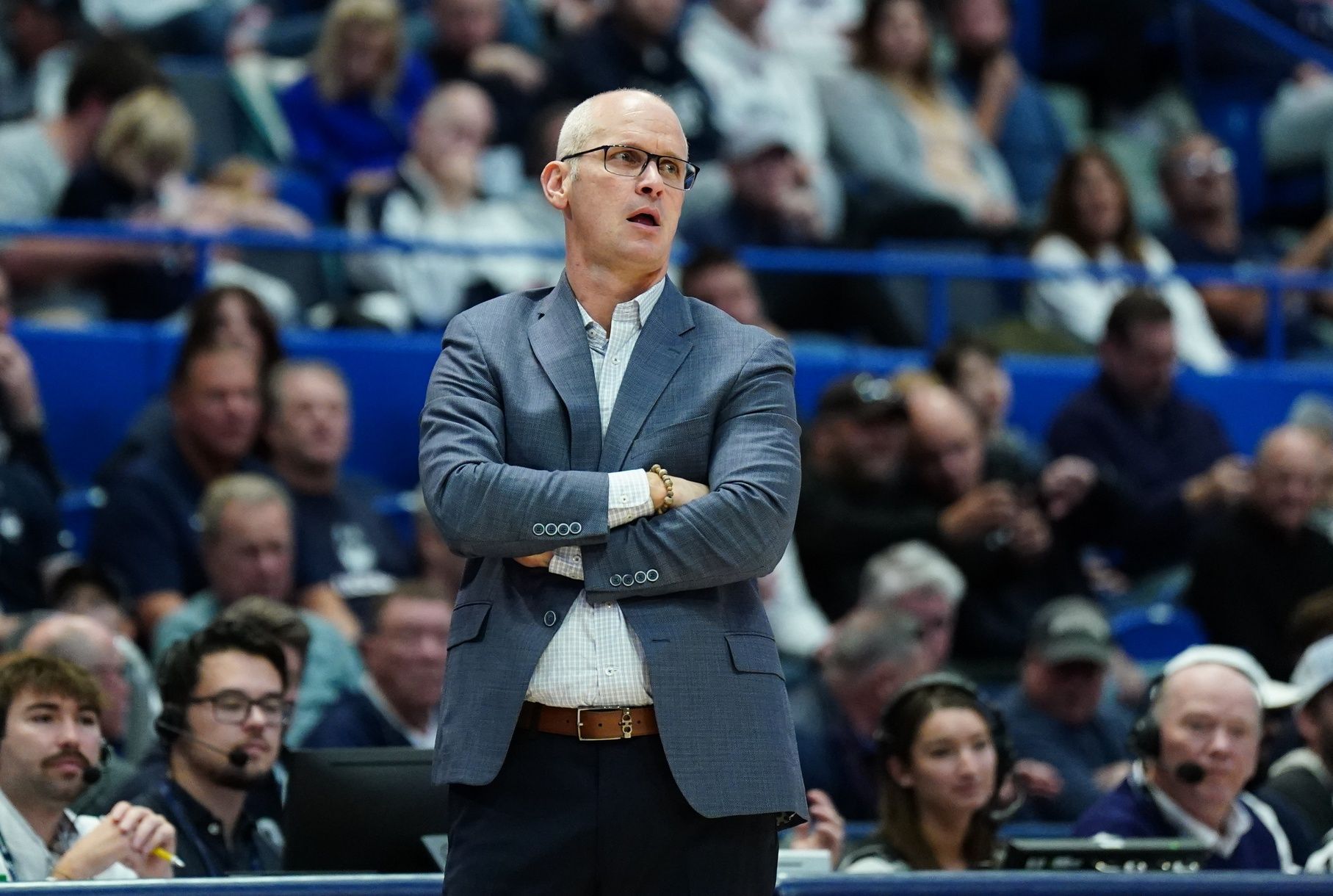 UConn Huskies head coach Dan Hurley watches from the sideline as they take on the Stonehill Skyhawks at XL Center.
