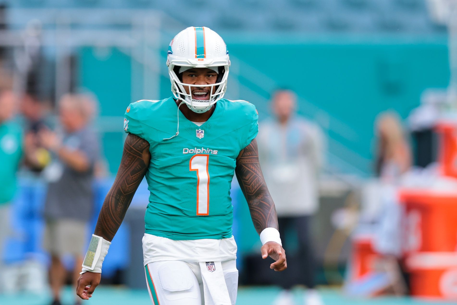 Miami Dolphins quarterback Tua Tagovailoa (1) reacts before the game against the Jacksonville Jaguars at Hard Rock Stadium.