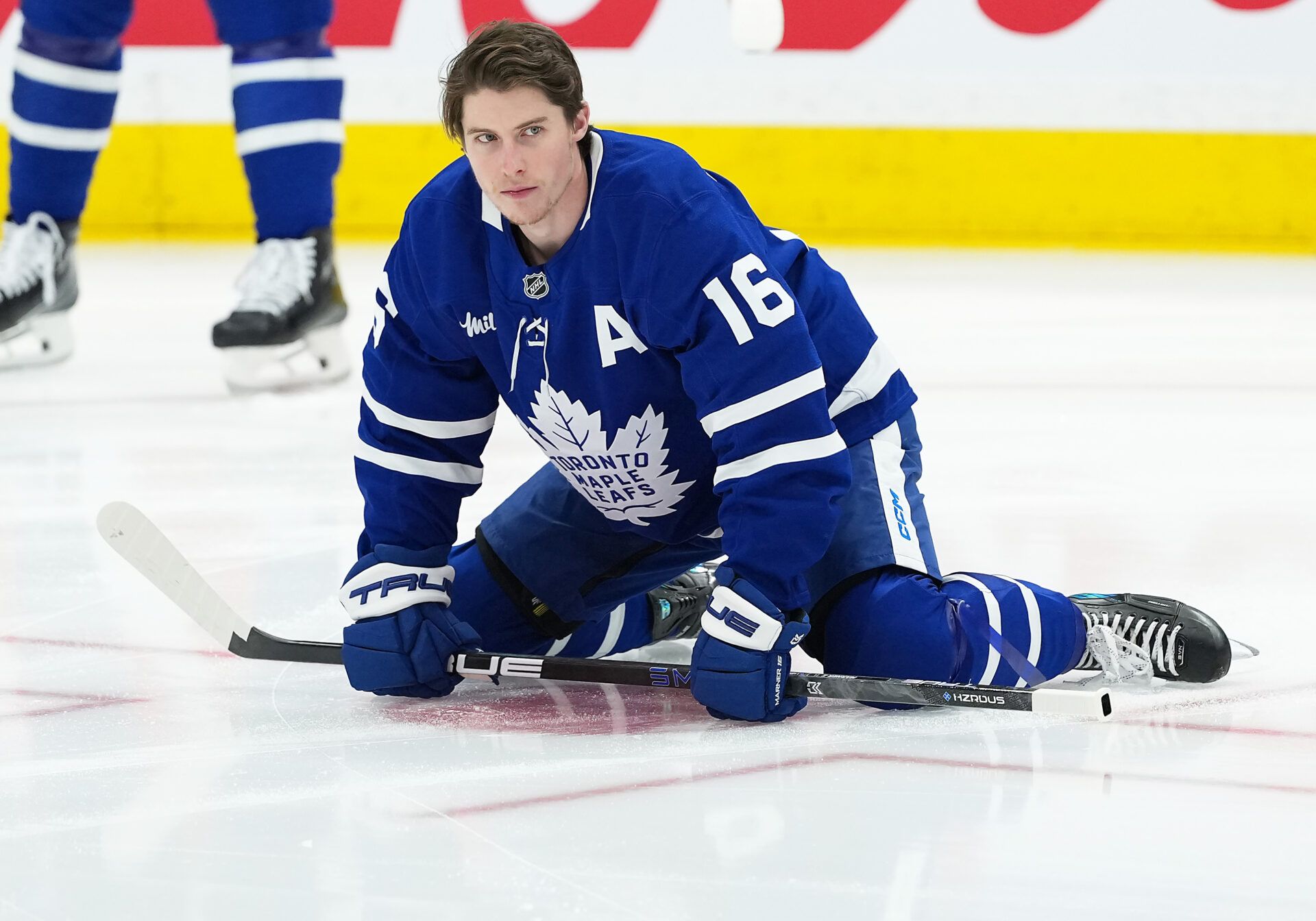 Toronto Maple Leafs right wing Mitch Marner (16) stretches during the warmup before a game against the Detroit Red Wings at Scotiabank Arena.