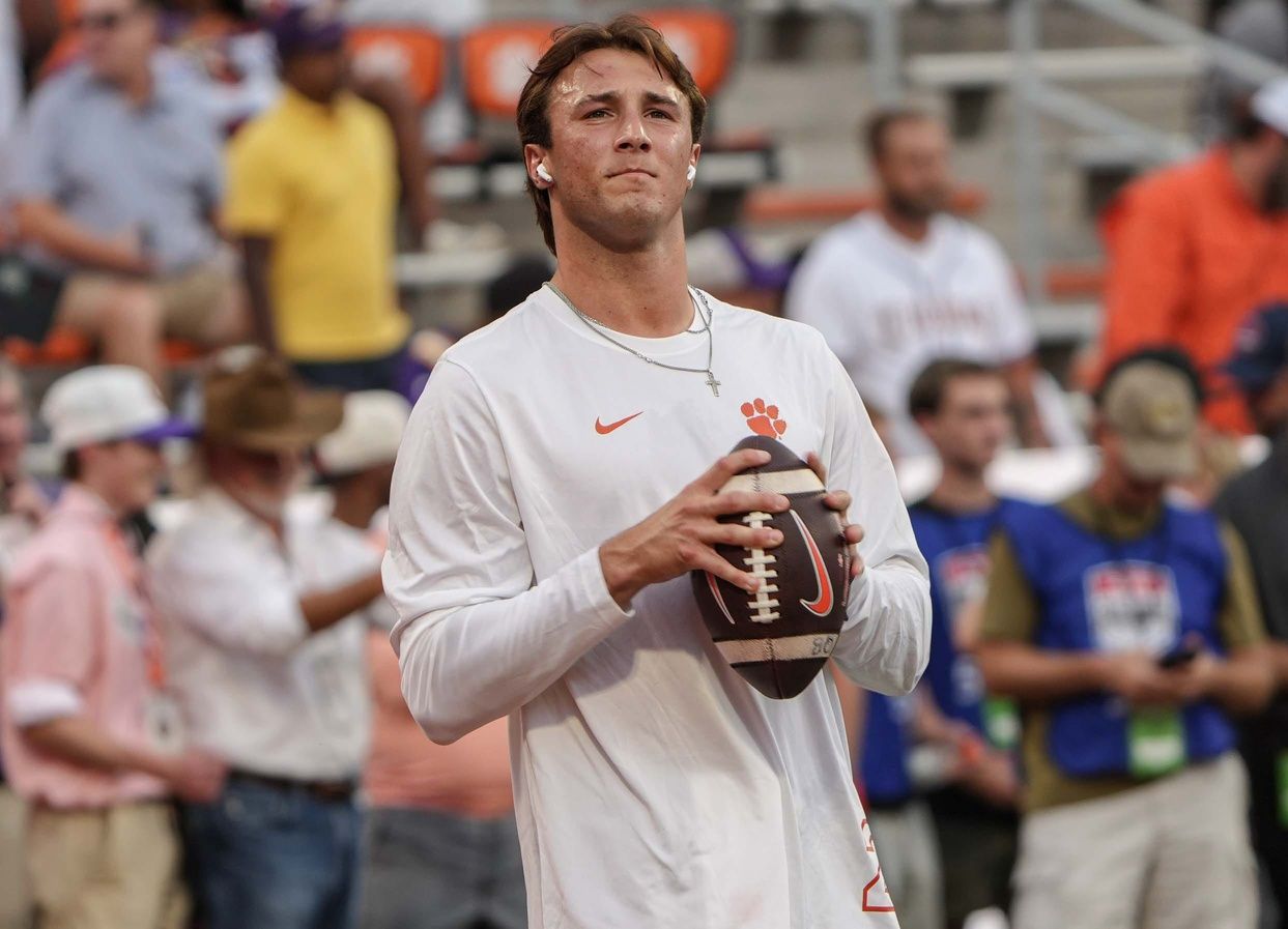 Clemson quarterback Cade Klubnik (2) warms up before the game with Clemson and Louisiana State University at Memorial Stadium in Clemson, S.C. Saturday, August 30, 2025.