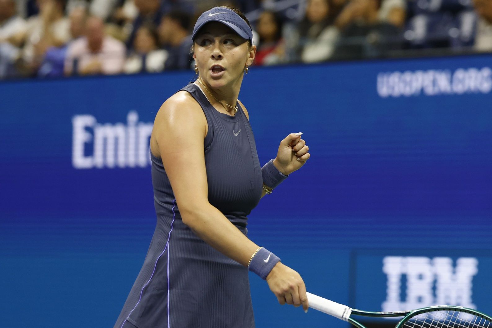 Amanda Anisimova (USA) reacts after winning a point against of the 2025 US Open tennis championships at Billie Jean King National Tennis Center.