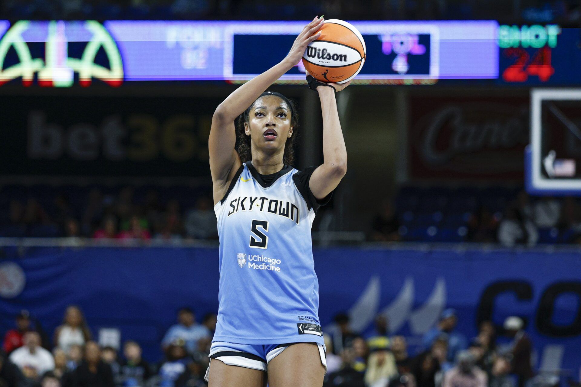Chicago Sky forward Angel Reese (5) shoots a free throw against the Connecticut Sun during the second half at Wintrust Arena.