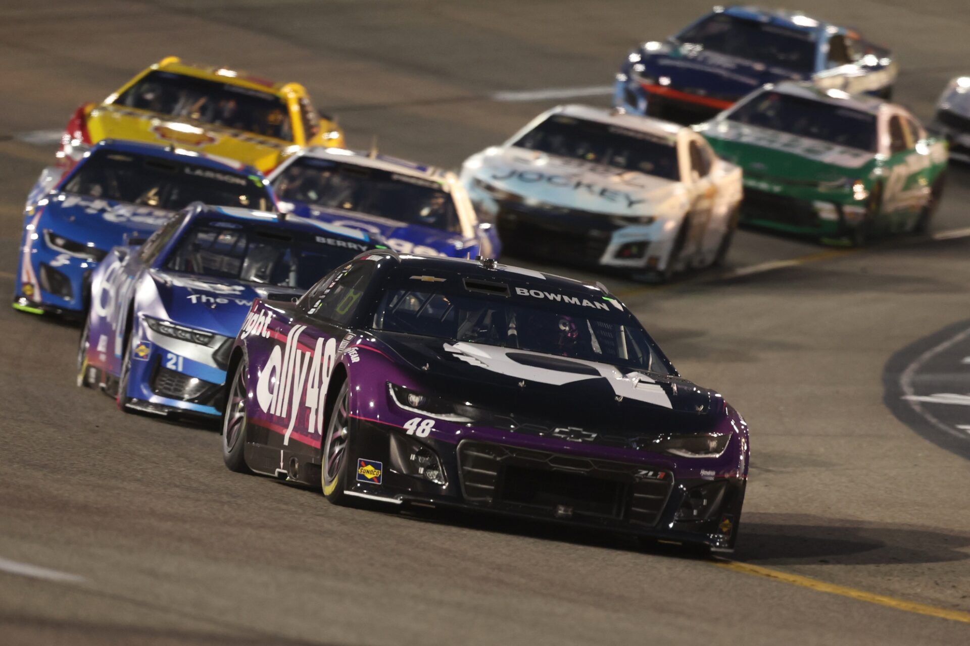 NASCAR Cup Series driver Alex Bowman (48) leads a pack of cars during the NASCAR Cup Series Cook Out 400 at Richmond Raceway.