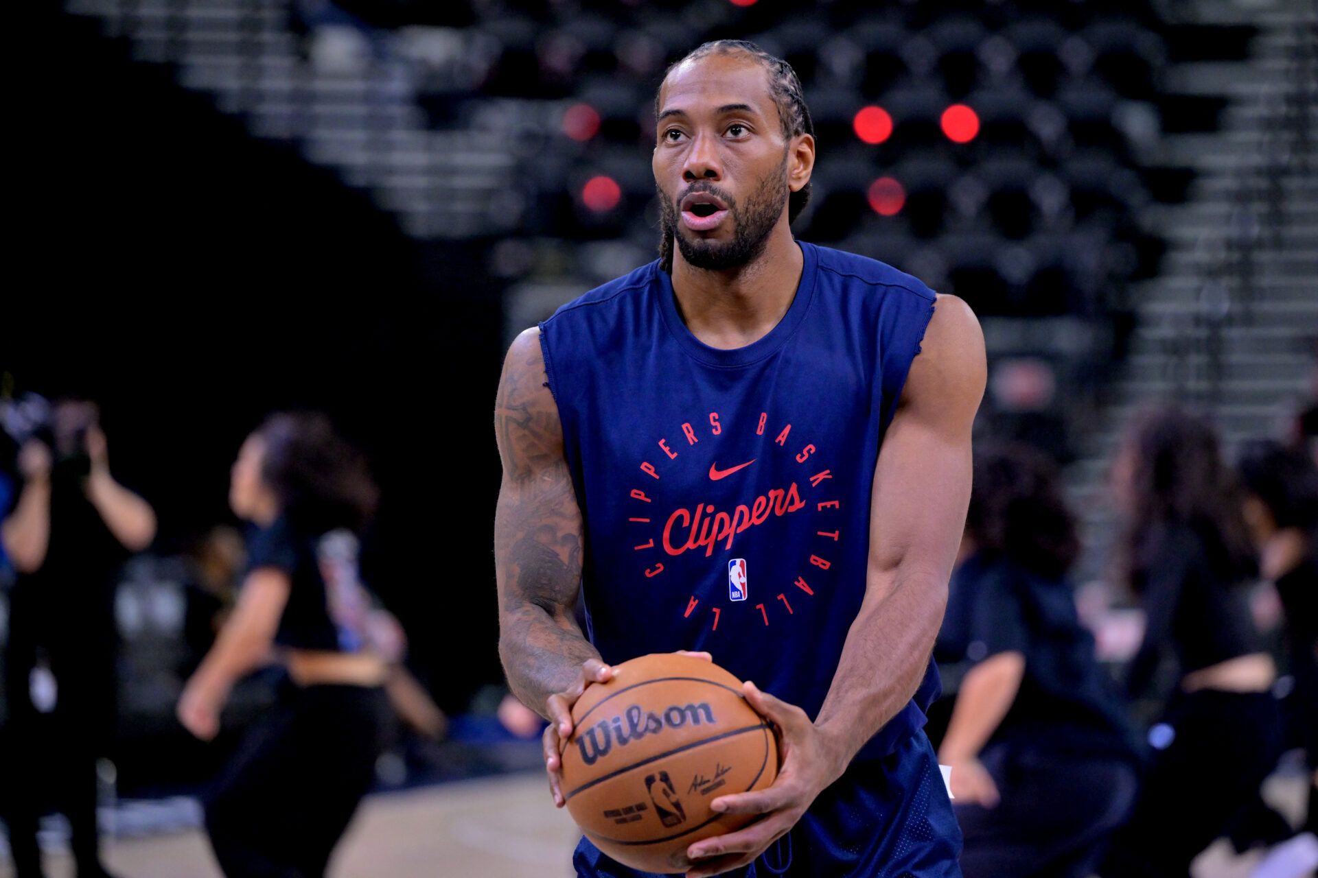 Los Angeles Clippers forward Kawhi Leonard (2) warms up prior to game four of round one of the 2024 NBA Playoffs at Intuit Dome.