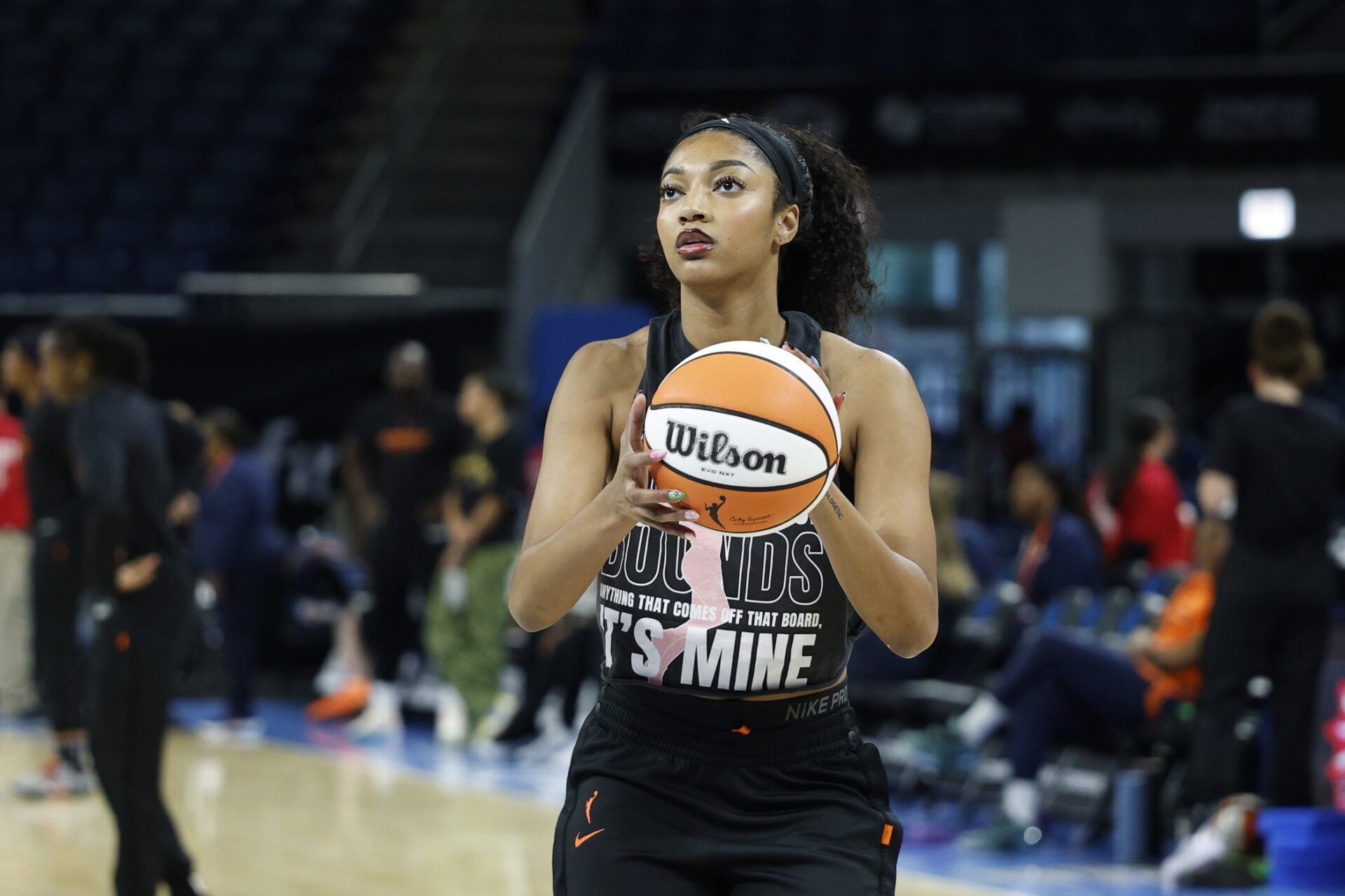 Chicago Sky forward Angel Reese (5) warms up before a WNBA game against the Connecticut Sun at Wintrust Arena.