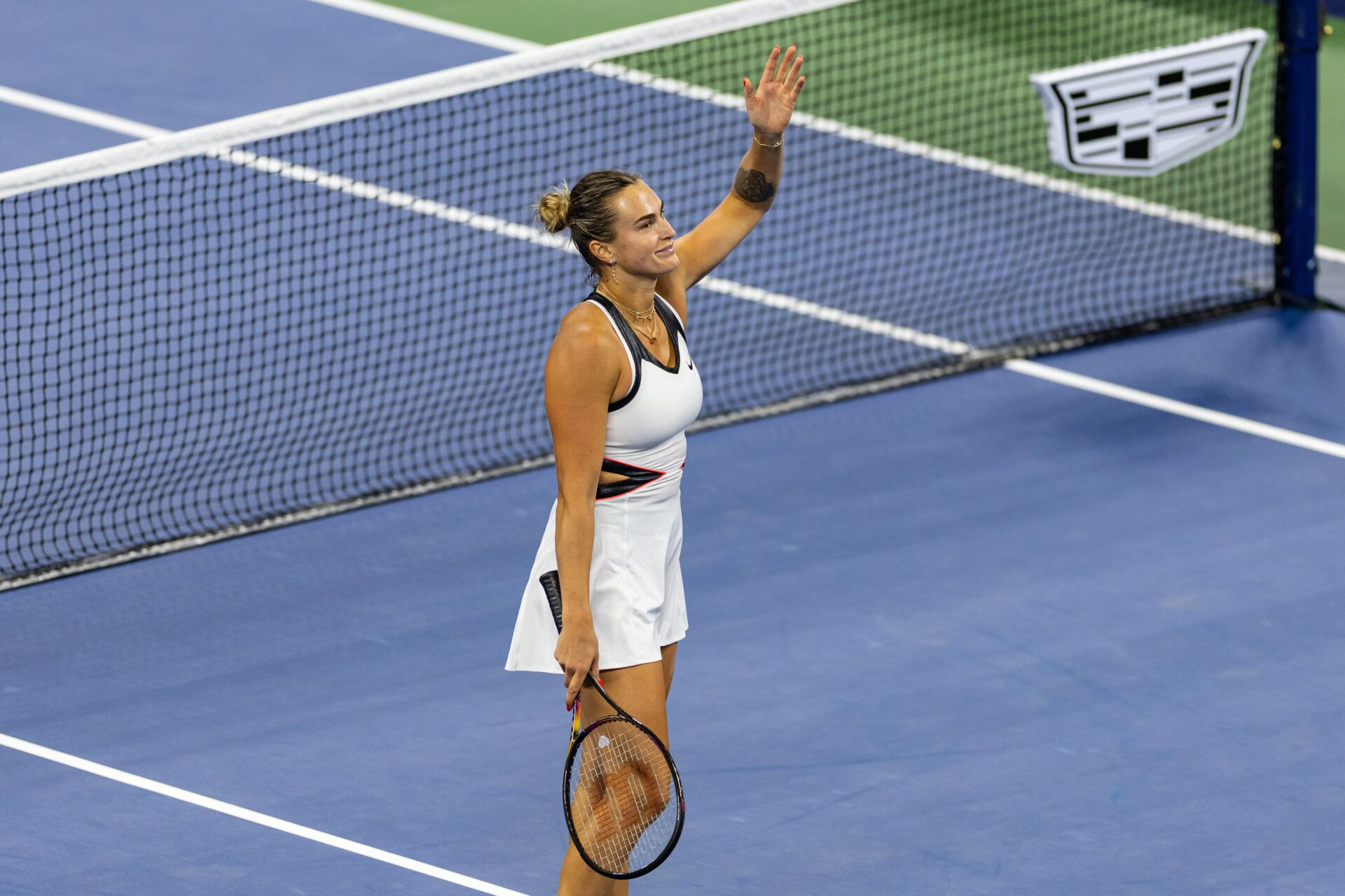 Aryna Sabalenka of Belarus celebrates her victory over Cristina Bucsa of Spain in the fourth round of the women’s singles at the US Open at Louis Armstrong Stadium in Billie Jean King National Tennis Center.