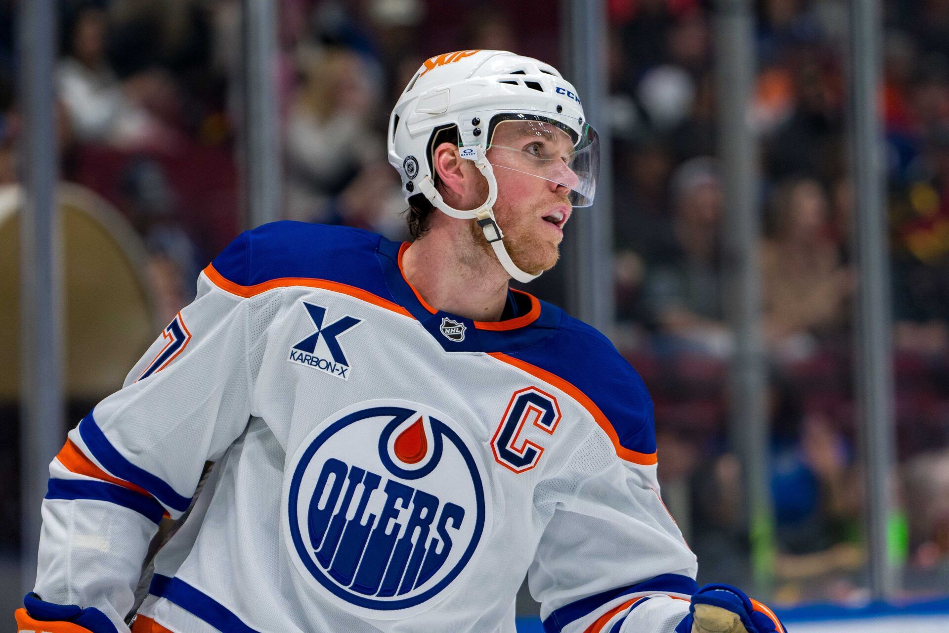 Edmonton Oilers forward Connor McDavid (97) during a stop in play against the Vancouver Canucks in the first period at Rogers Arena.