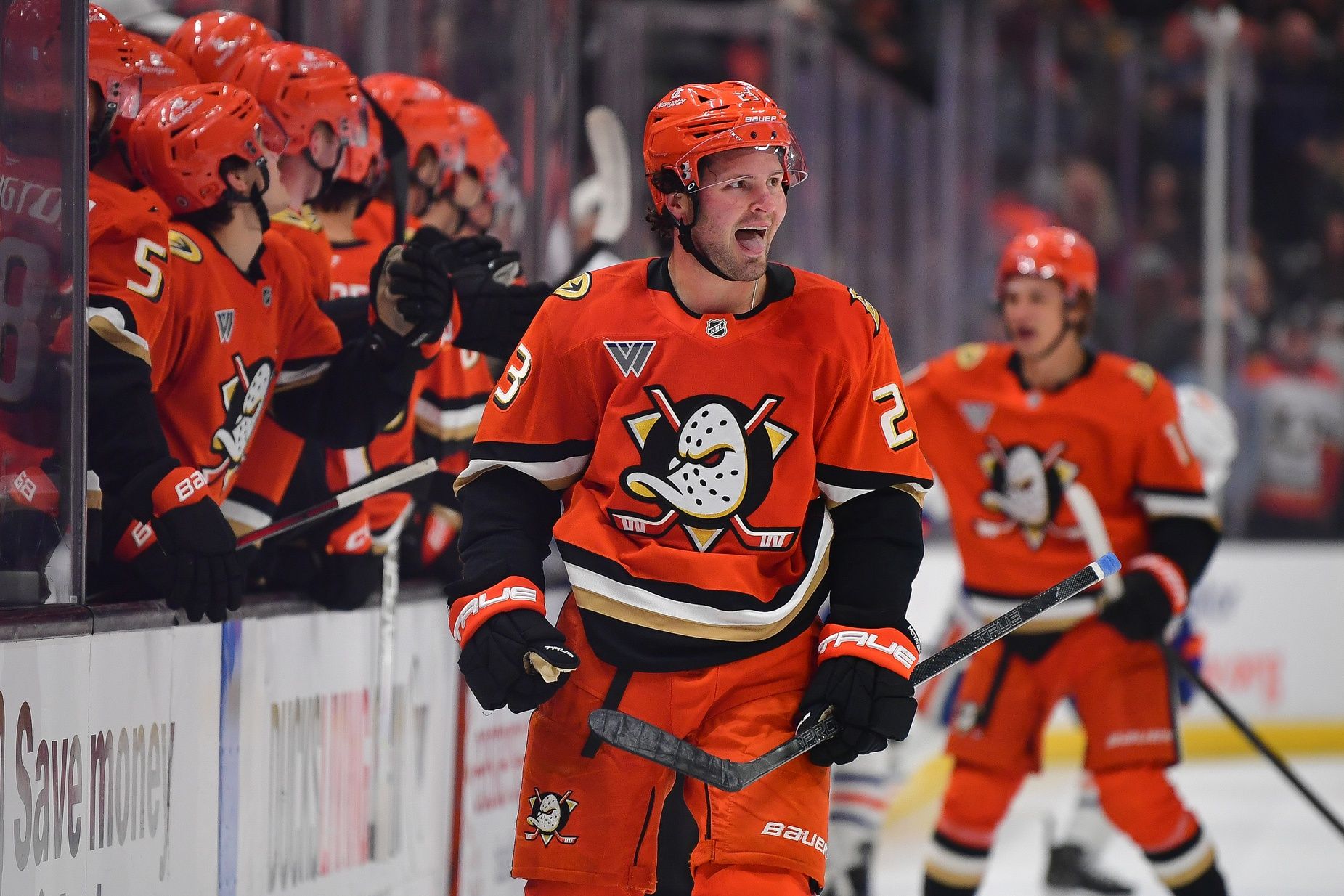 Anaheim Ducks center Mason McTavish (23) celebrates his goal scored against the Edmonton Oilers during the third period at Honda Center.