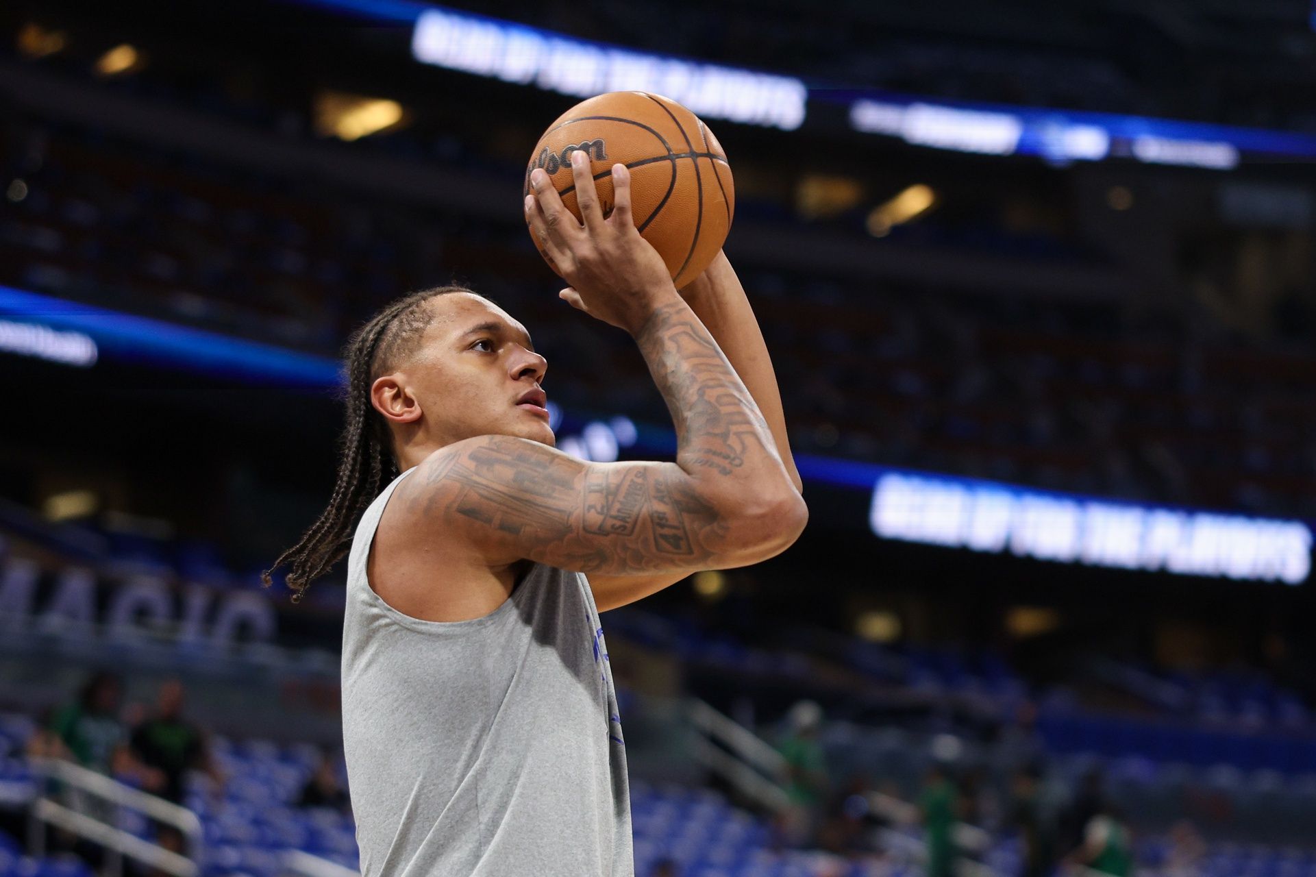 Orlando Magic forward Paolo Banchero (5) warms up before game four of first round for the 2025 NBA Playoffs against the Boston Celtics at Kia Center.