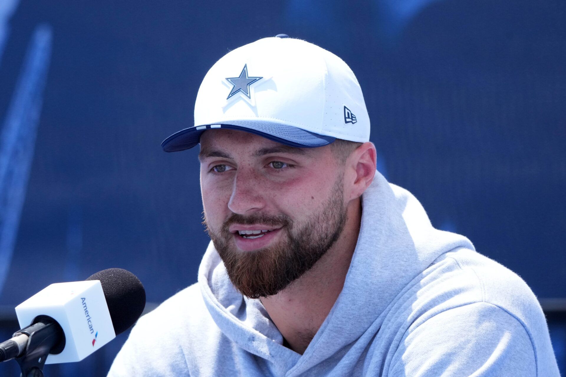 Dallas Cowboys tight end Jake Ferguson (87) at training camp press conference at the River Ridge Fields.