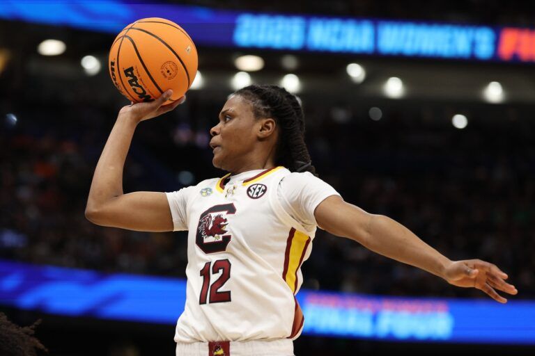 South Carolina Gamecocks guard MiLaysia Fulwiley (12) drives to the basket against the Texas Longhorns during the third quarter in a semifinal of the women's 2025 NCAA tournament at Amalie Arena.