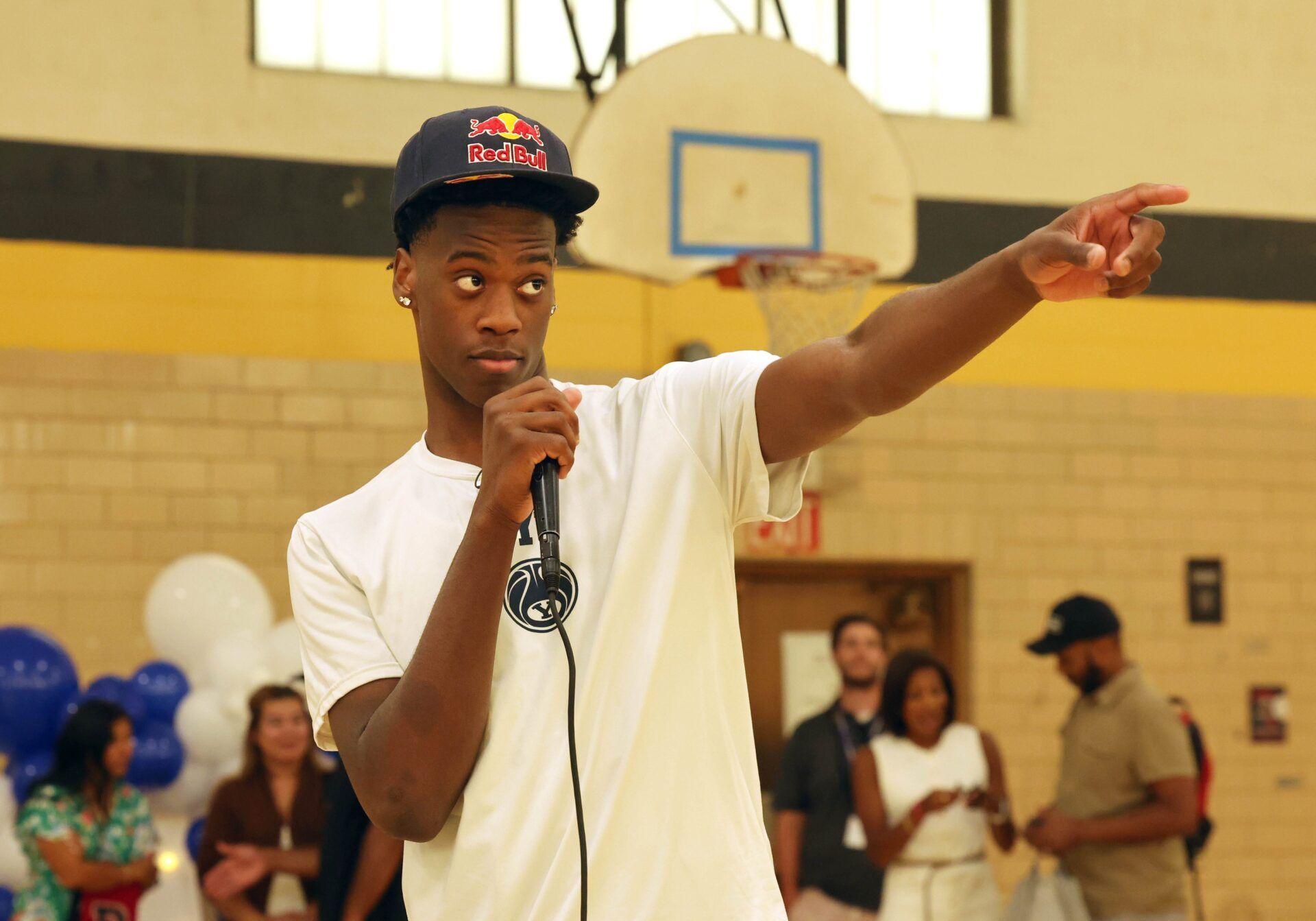 AJ Dybantsa is all smiles as the audience guesses his favorite foods, and music during his 2nd annual backpack giveaway at West Middle School in Brockton on Wednesday, Aug. 27, 2025.