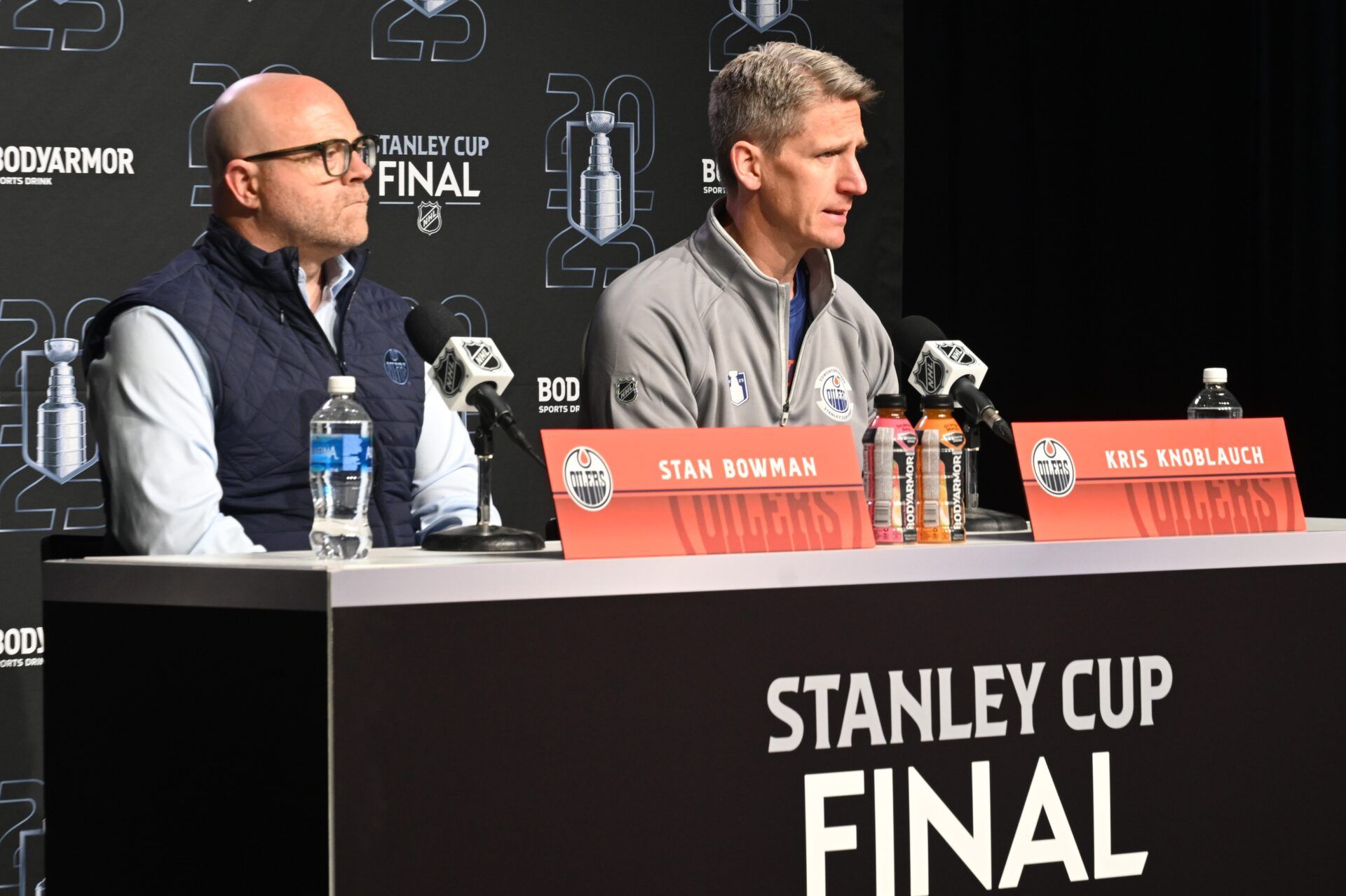Edmonton Oilers general manager Stan Bowman along with Oilers head coach Kris Knoblauch are seen during media day in advance of the 2025 Stanley Cup Final at Rogers Place.