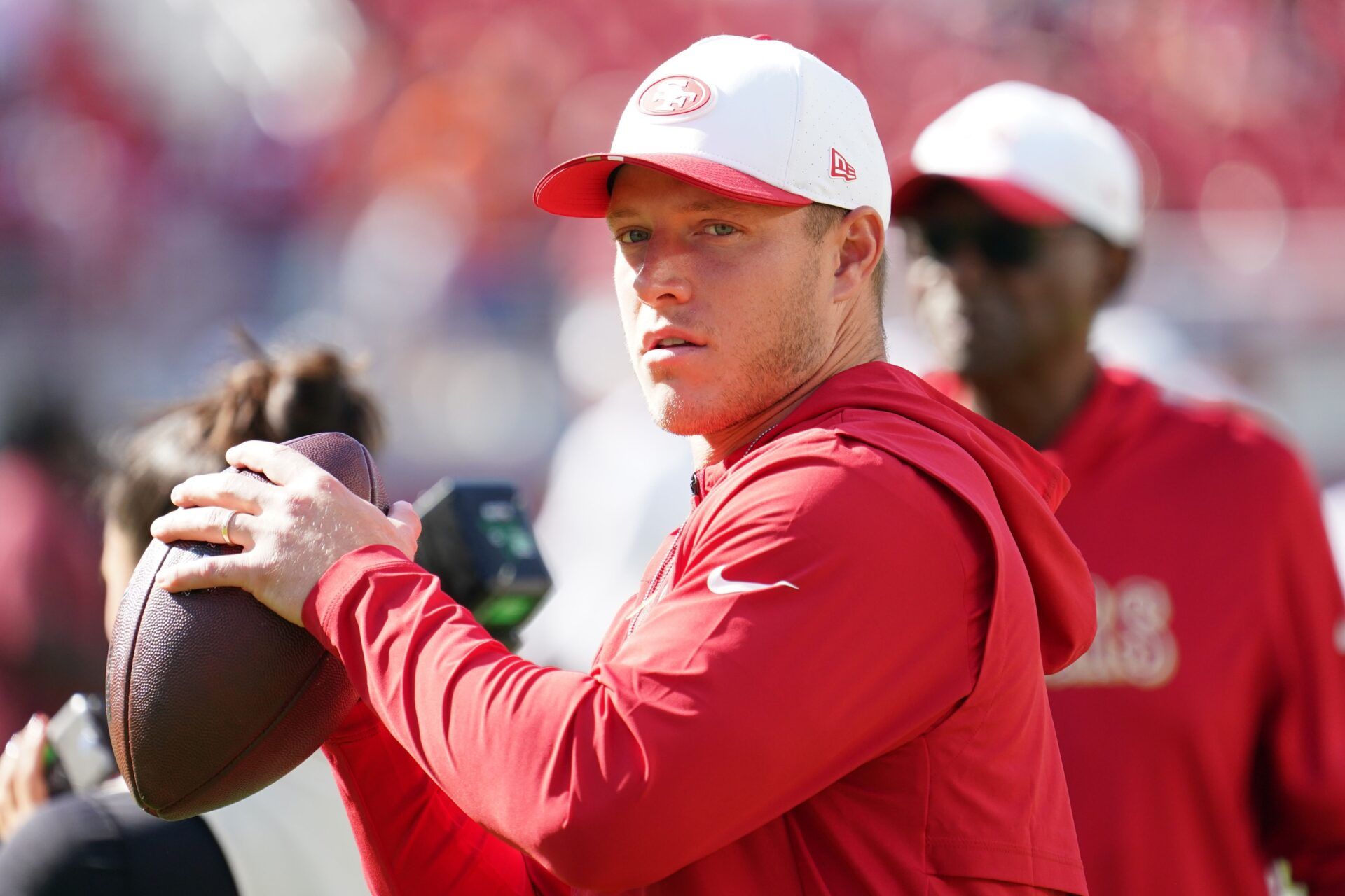 San Francisco 49ers running back Christian McCaffrey (23) warms up before the game against the Denver Broncos at Levi's Stadium.