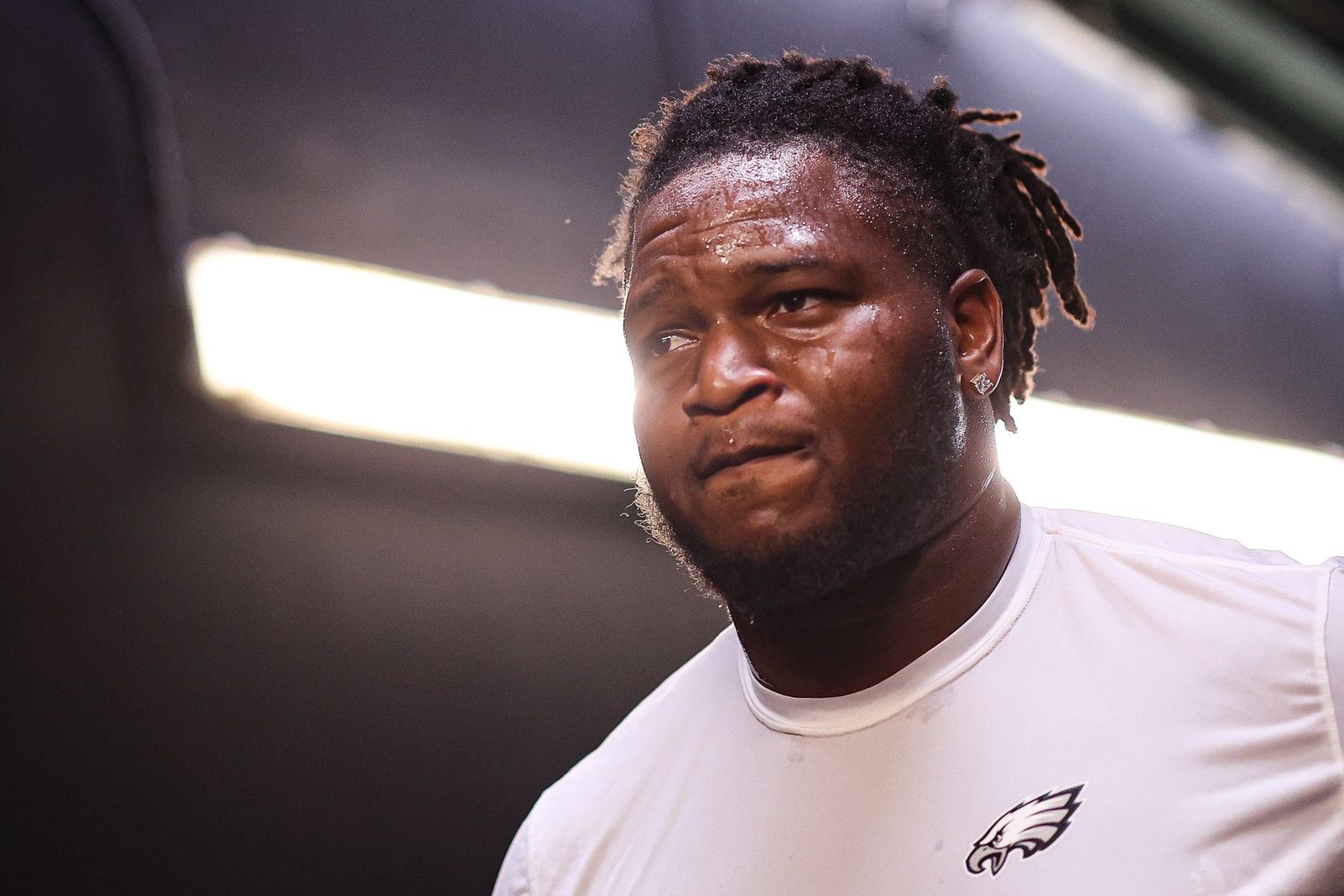 Philadelphia Eagles defensive tackle Jalen Carter walks through the tunnel before a game against the Cleveland Browns at Lincoln Financial Field.
