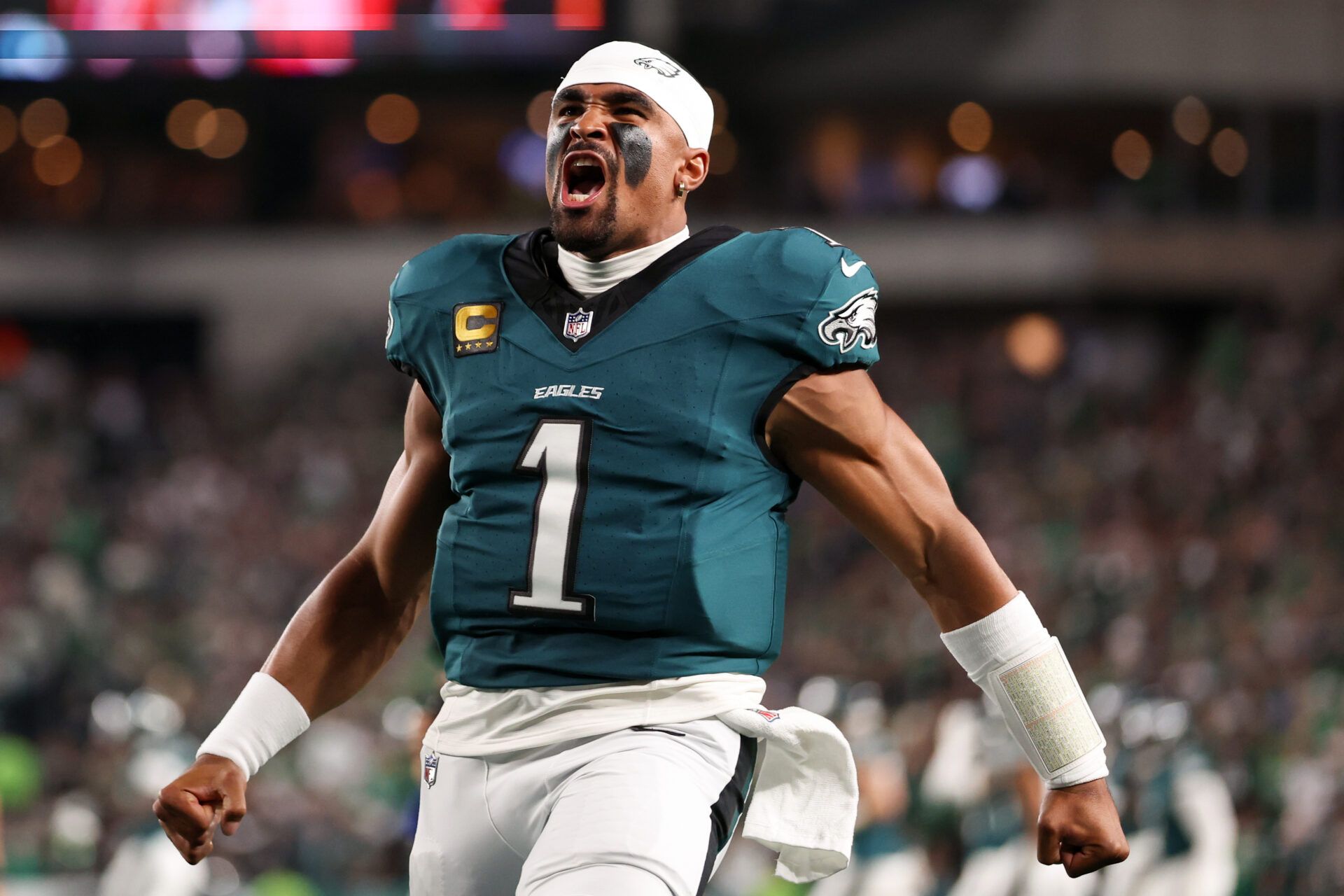 Philadelphia Eagles quarterback Jalen Hurts (1) looks on prior to the game against the Dallas Cowboys at Lincoln Financial Field.