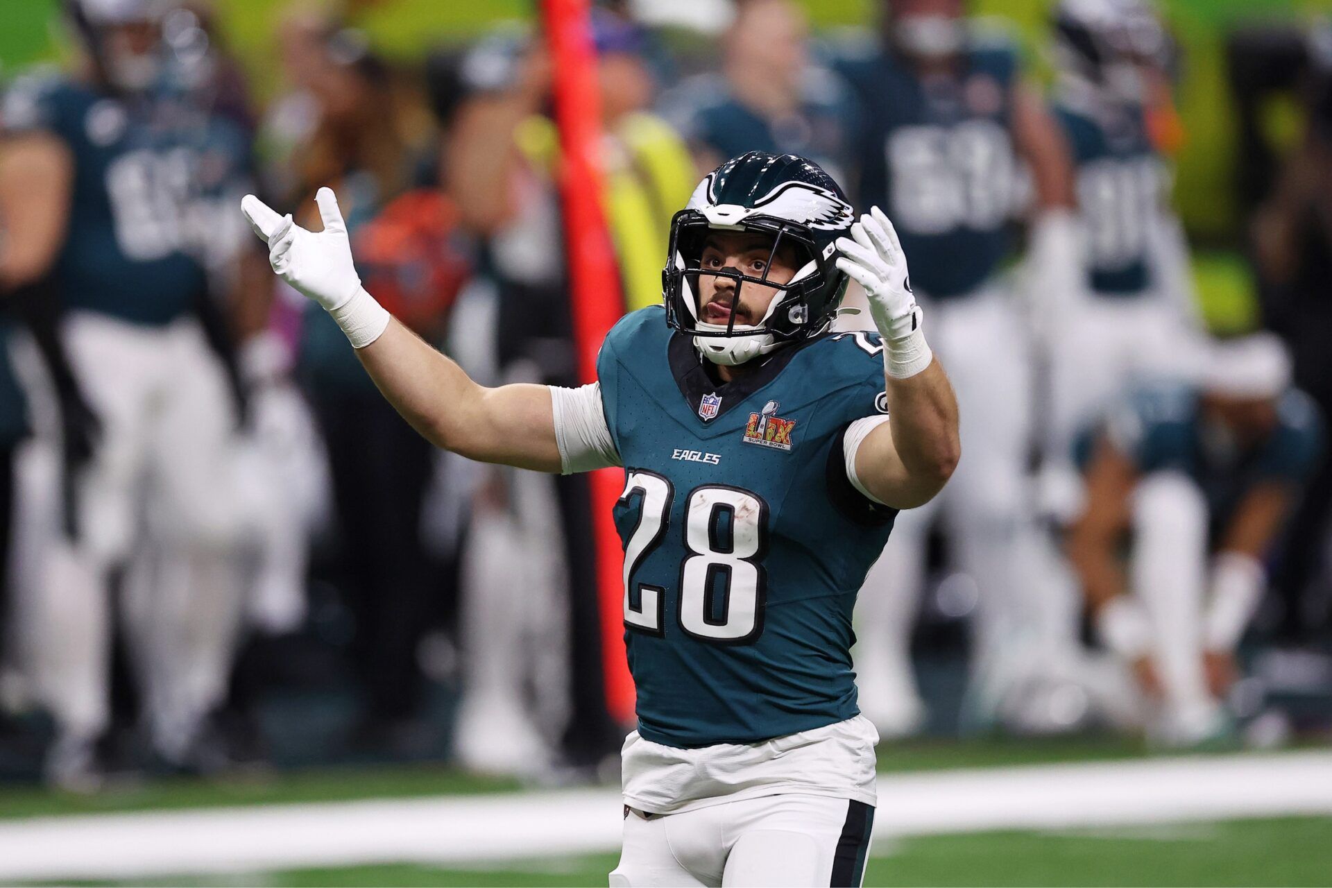 Philadelphia Eagles running back Will Shipley (28) reacts after a play against the Kansas City Chiefs during the first half of Super Bowl LIX at Caesars Superdome.