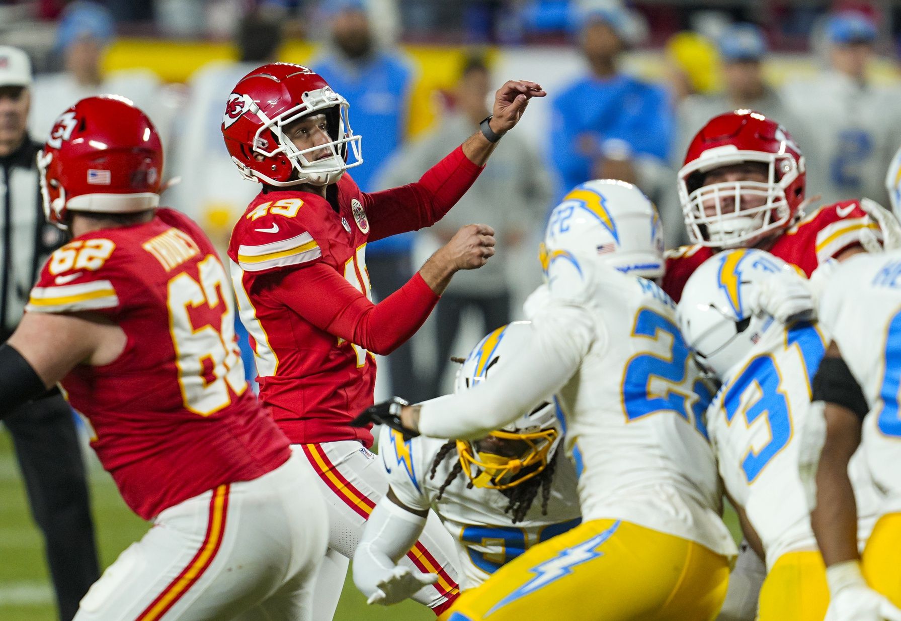 Kansas City Chiefs place kicker Matthew Wright (49) kicks a game winning field goal as time expires against the Los Angeles Chargers at GEHA Field at Arrowhead Stadium.