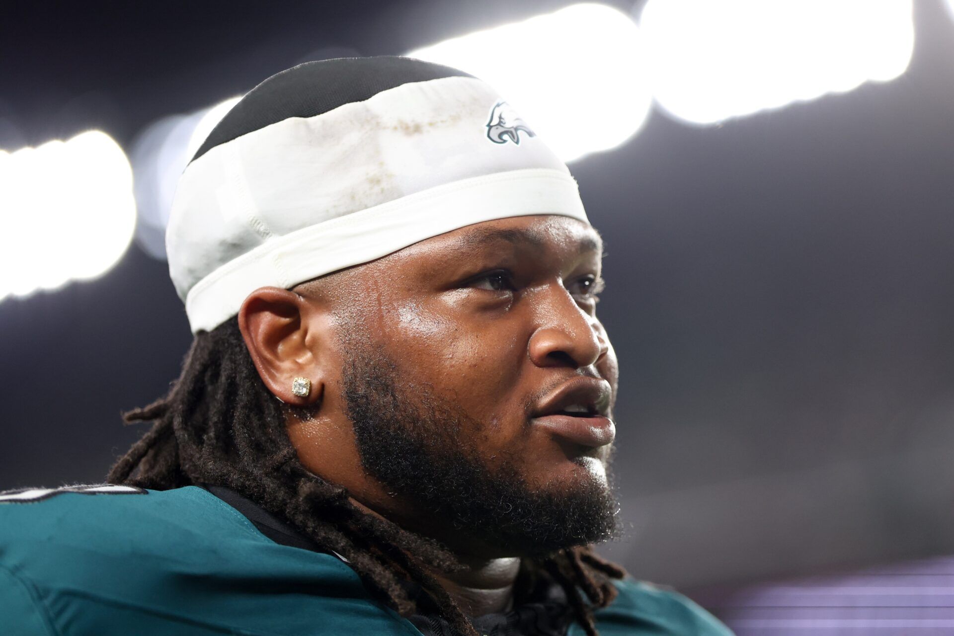 Philadelphia Eagles defensive tackle Jalen Carter (98) walks off the field after being ejected during the first quarter of the game against the Dallas Cowboys at Lincoln Financial Field.
