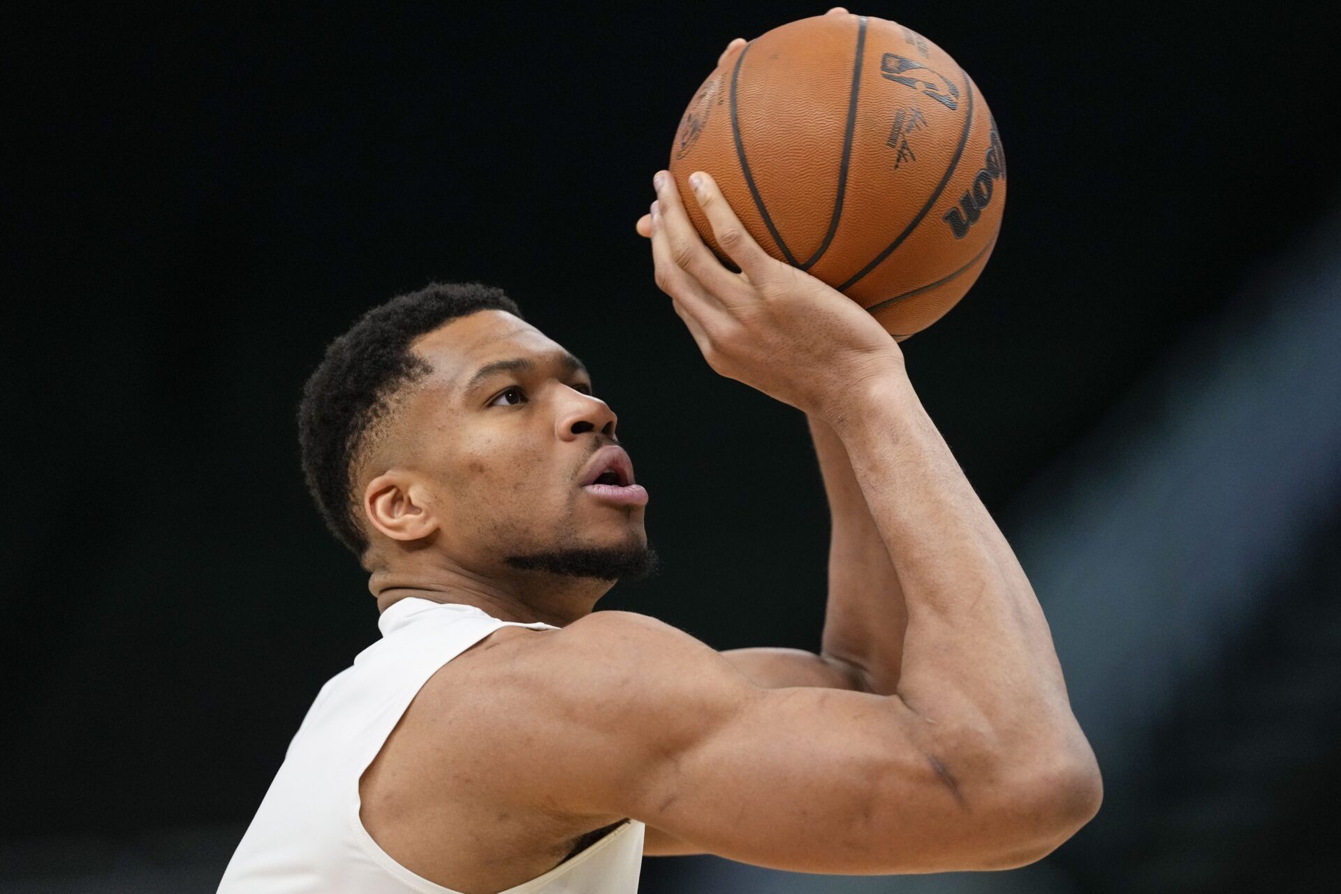 Milwaukee Bucks forward Giannis Antetokounmpo (34) shoots during warmups prior to the game against the Atlanta Hawks at Fiserv Forum.