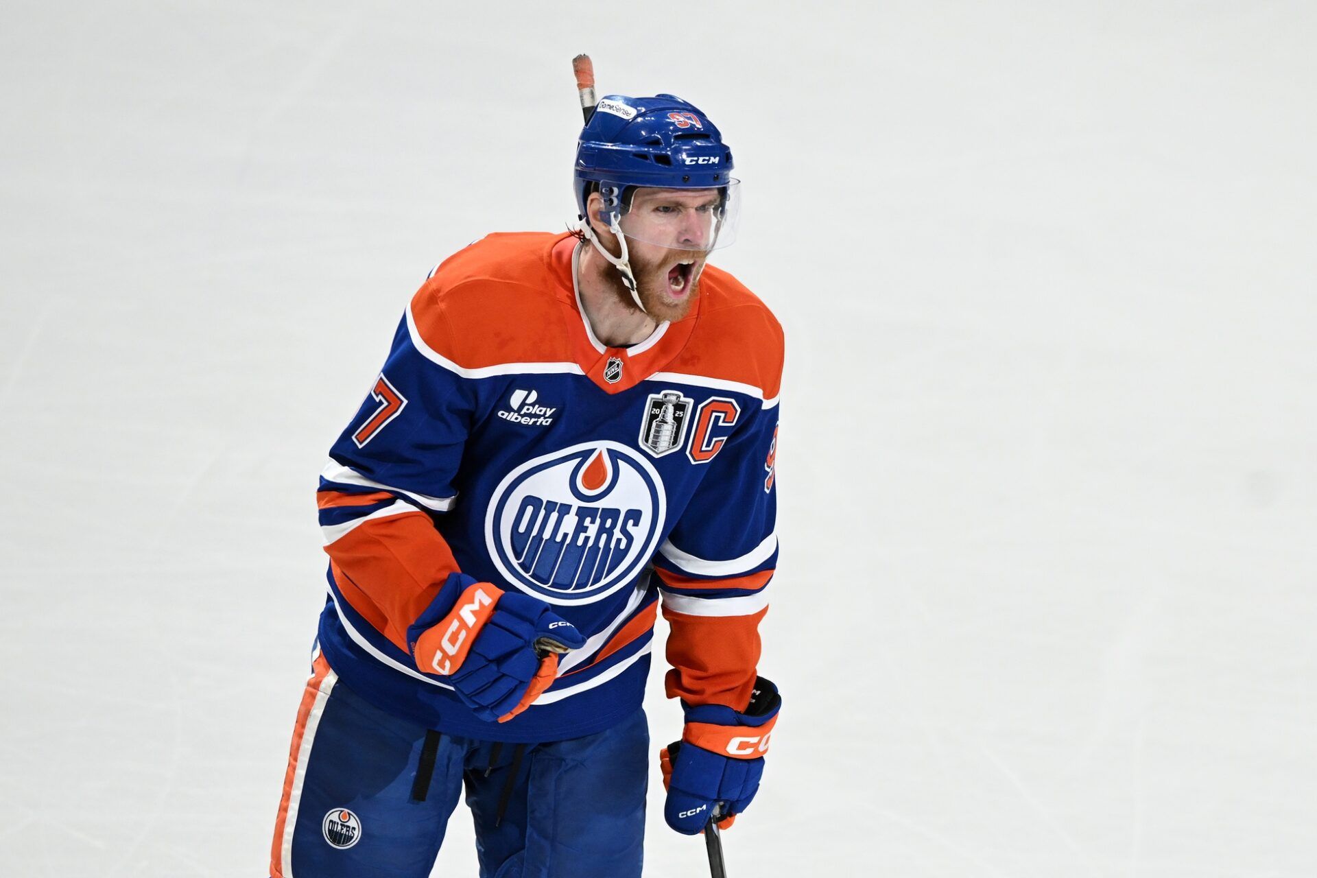 Edmonton Oilers center Connor McDavid (97) reacts against the Florida Panthers during the first period in game two of the 2025 Stanley Cup Final at Rogers Place.