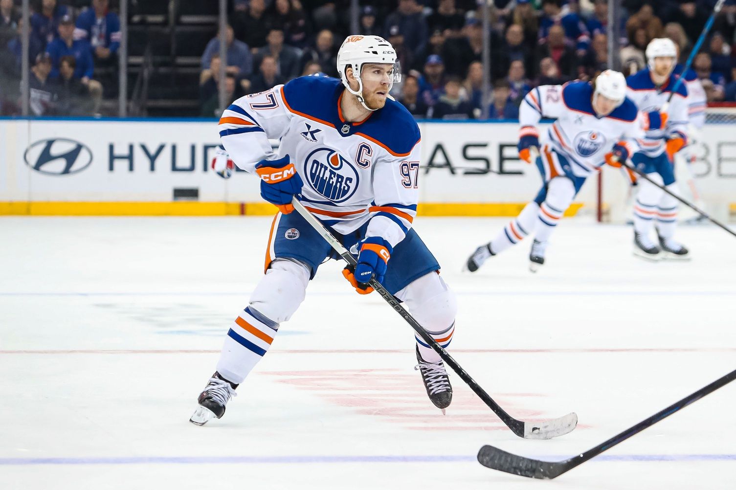 Edmonton Oilers center Connor McDavid (97) skates against the New York Rangers during the third period at Madison Square Garden.