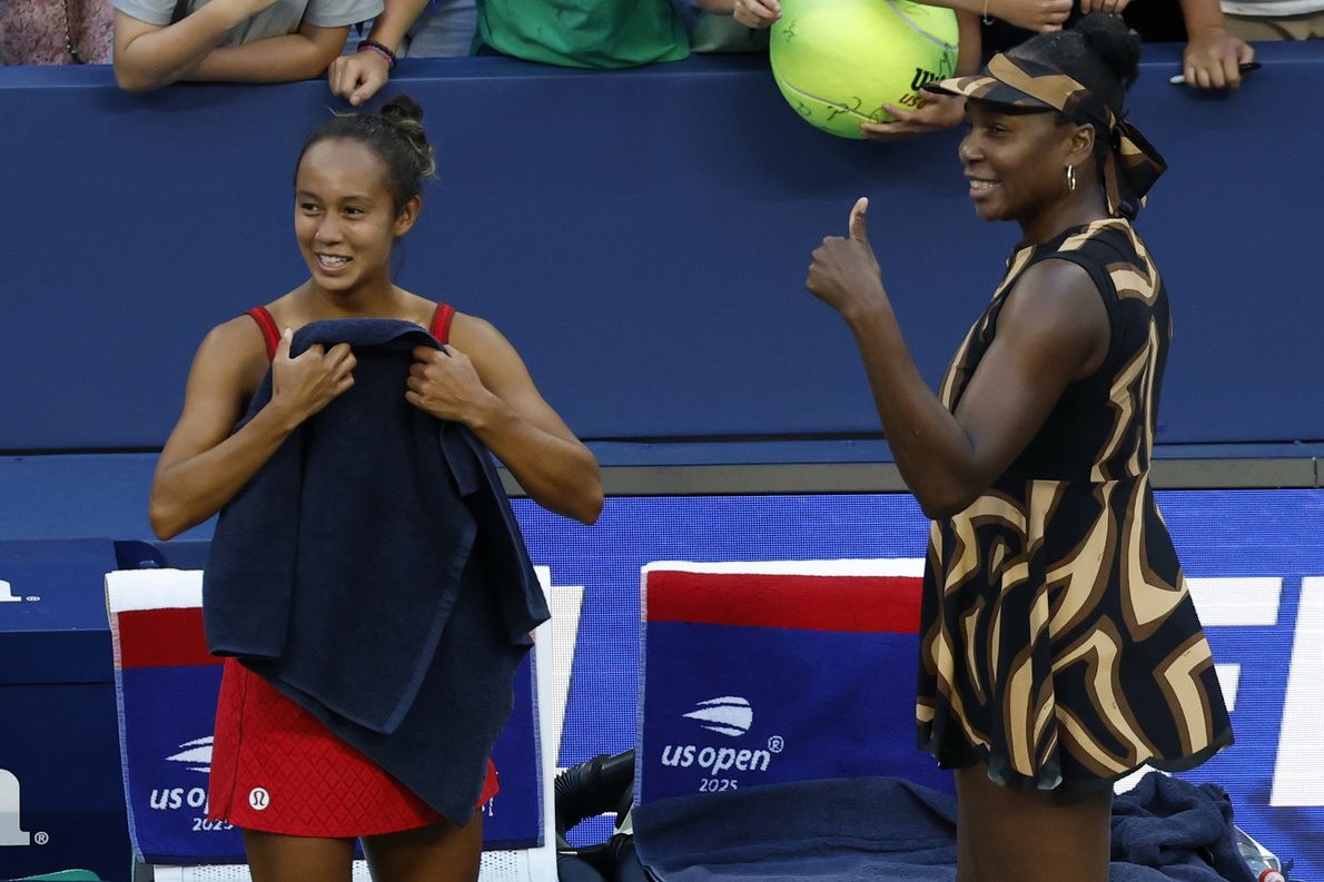 Venus Williams (USA) (R) and Leylah Fernandez (CAN) (L) celebrate after their match against  Ekaterina Alexandrova and Shuai Zhang (CHN) (both not pictured) on day nine of the 2025 US Open tennis championships at Billie Jean King National Tennis Center.