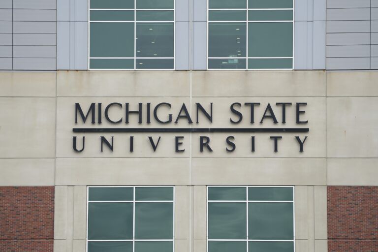 The Michigan State logo displayed on Spartan Stadium.