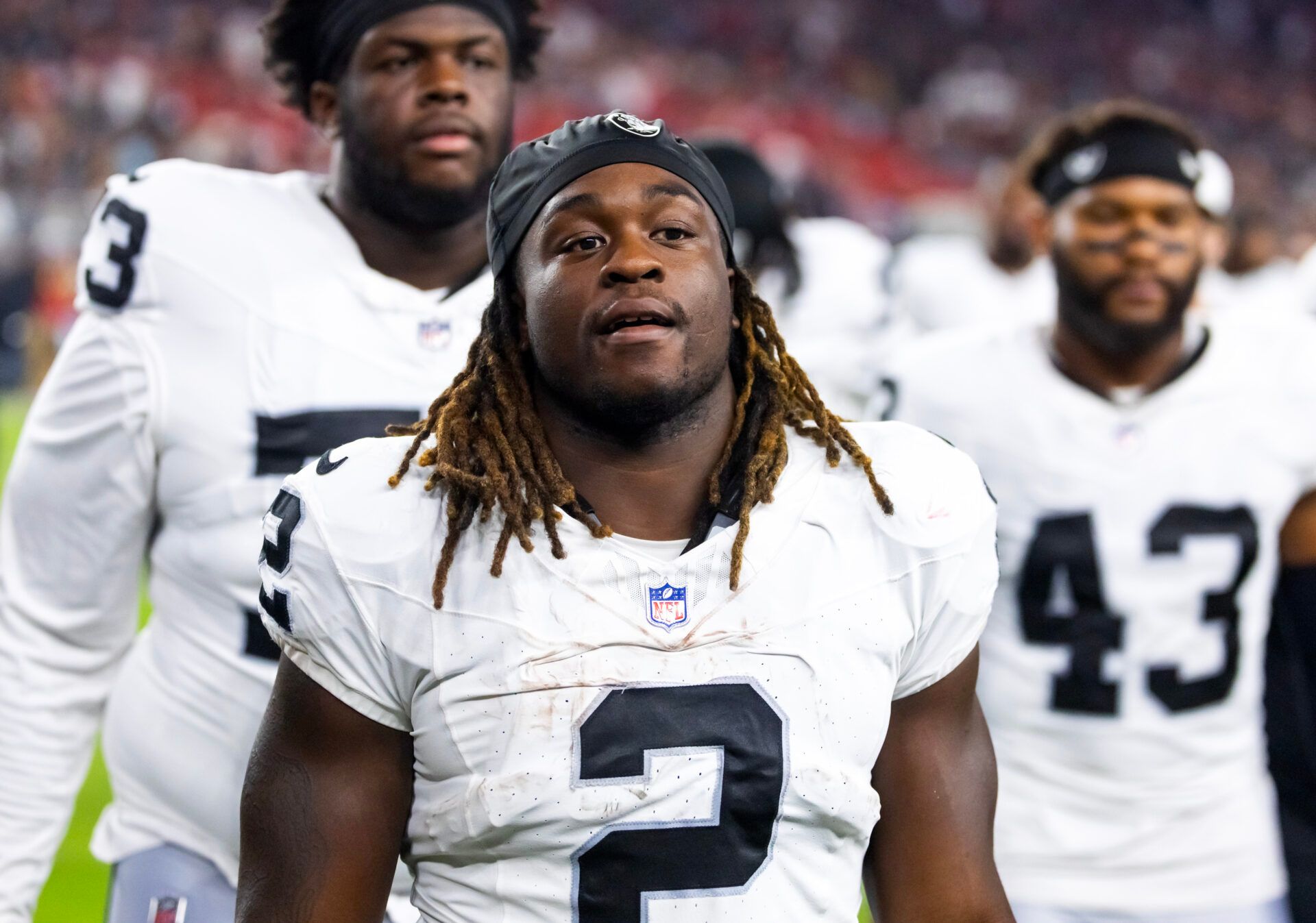 Las Vegas Raiders running back Ashton Jeanty (2) against the Arizona Cardinals during a preseason NFL game at State Farm Stadium.
