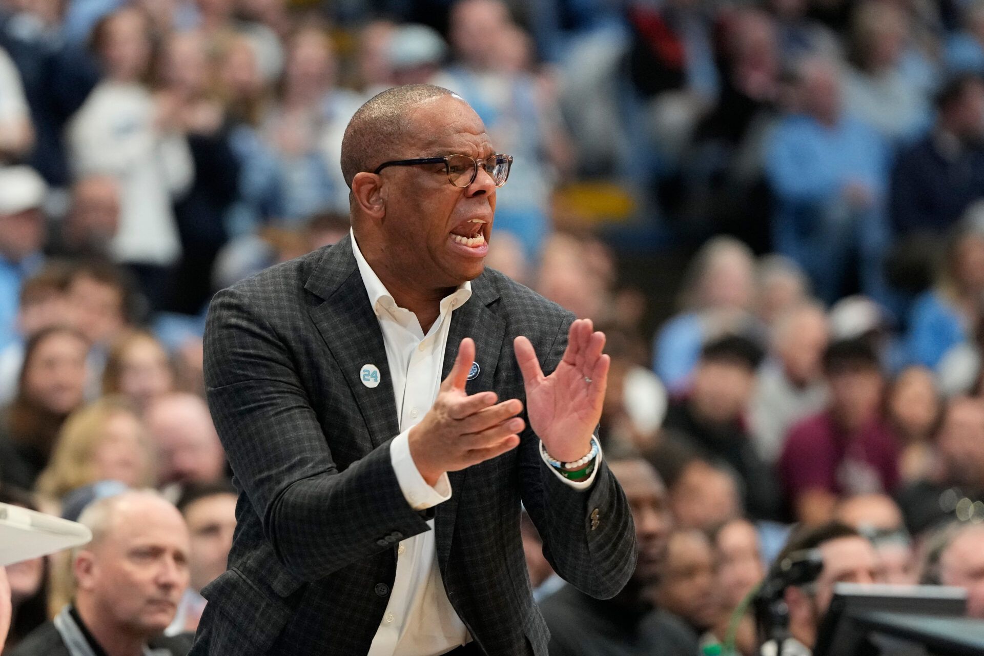North Carolina Tar Heels head coach Hubert Davis reacts in the first half at Dean E. Smith Center.