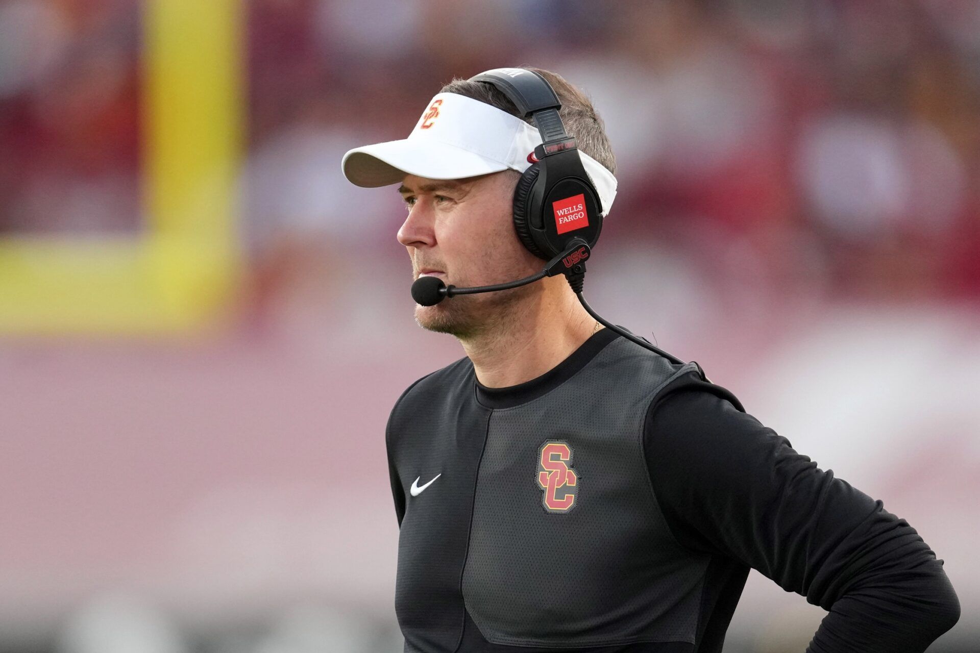 Southern California Trojans head coach Lincoln Riley watches from the sidelines against the Missouri State Bears in the first half at United Airlines Field at Los Angeles Memorial Coliseum.