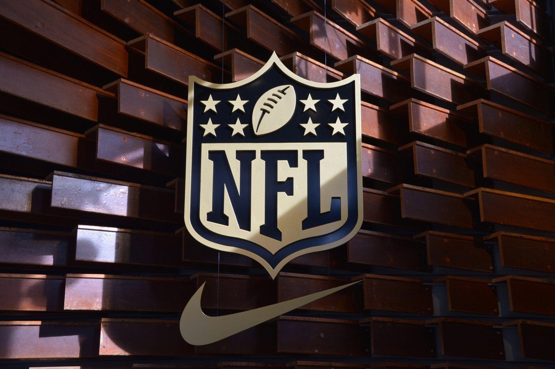 General view of NFL golden shield logo at Niketown San Francisco Union Square prior to Super Bowl 50.
